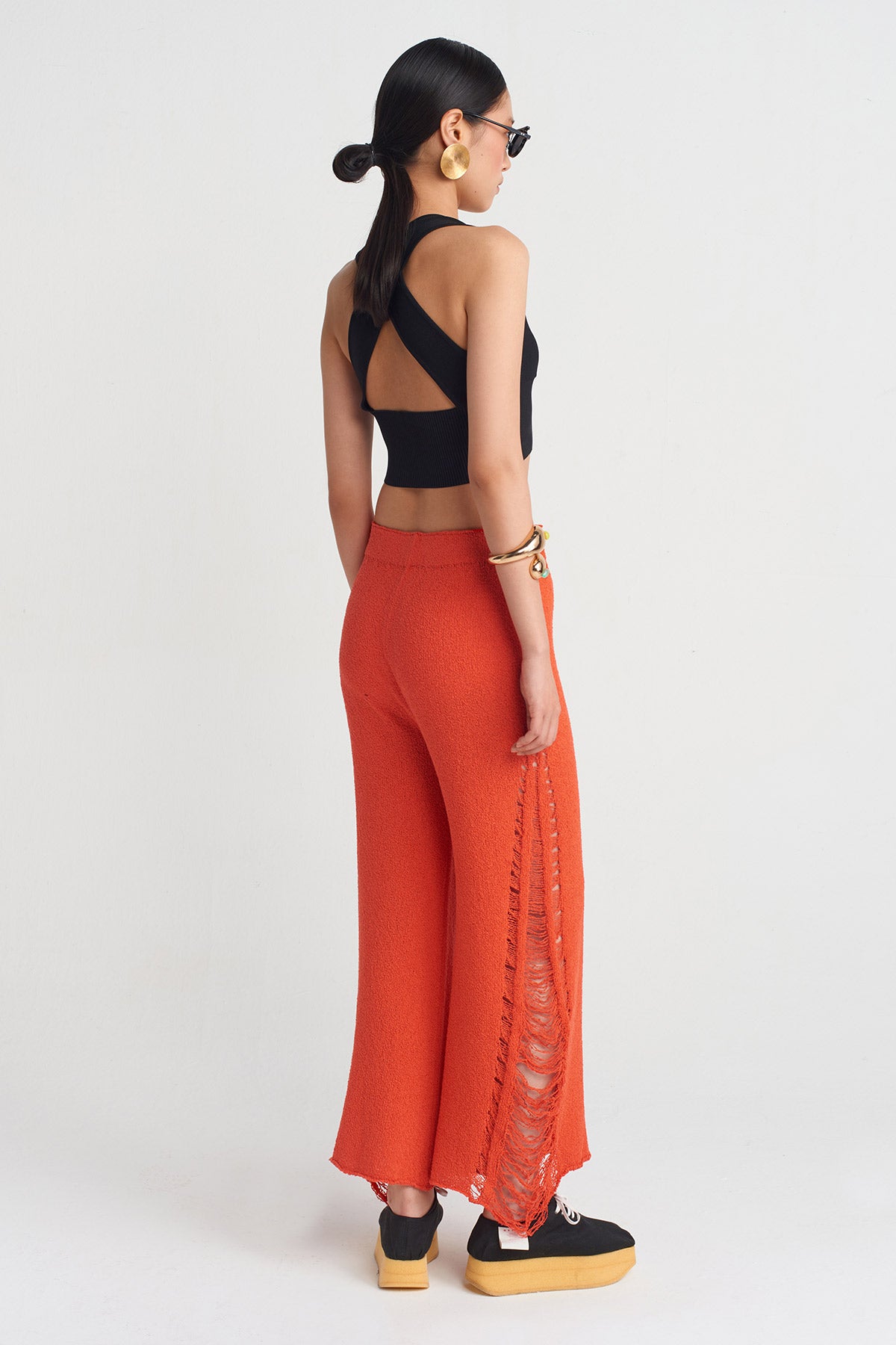 Red Ripped Effect Knitwear Trousers-Y253013014