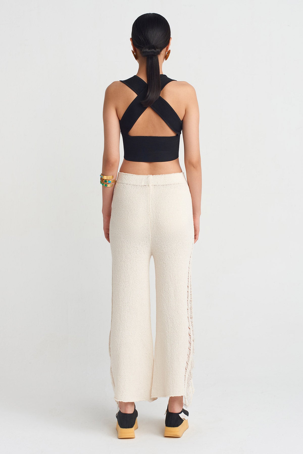 Natur Torn Effect Knitwear Trousers-Y253013014