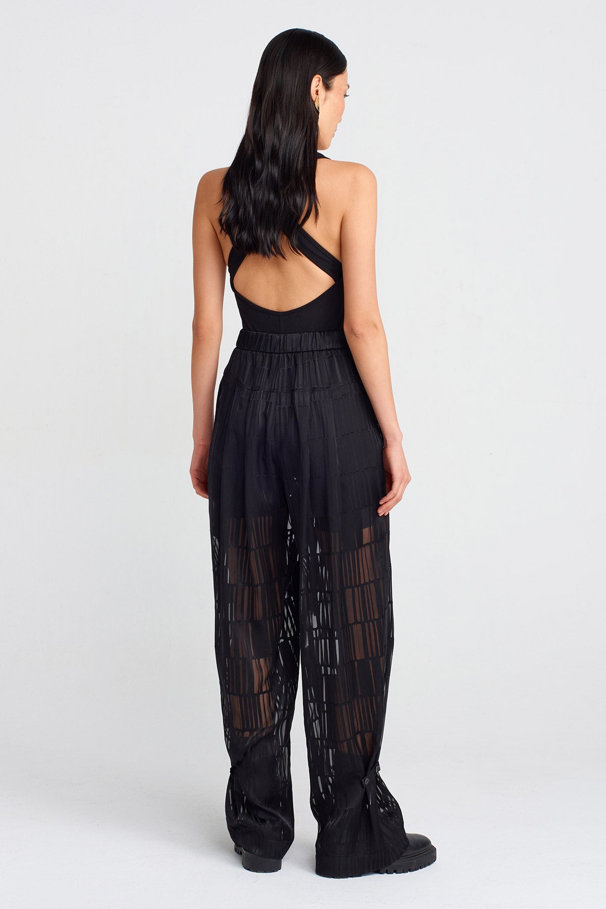 Black Transparent Patterned Stylish Trousers-Y253013068
