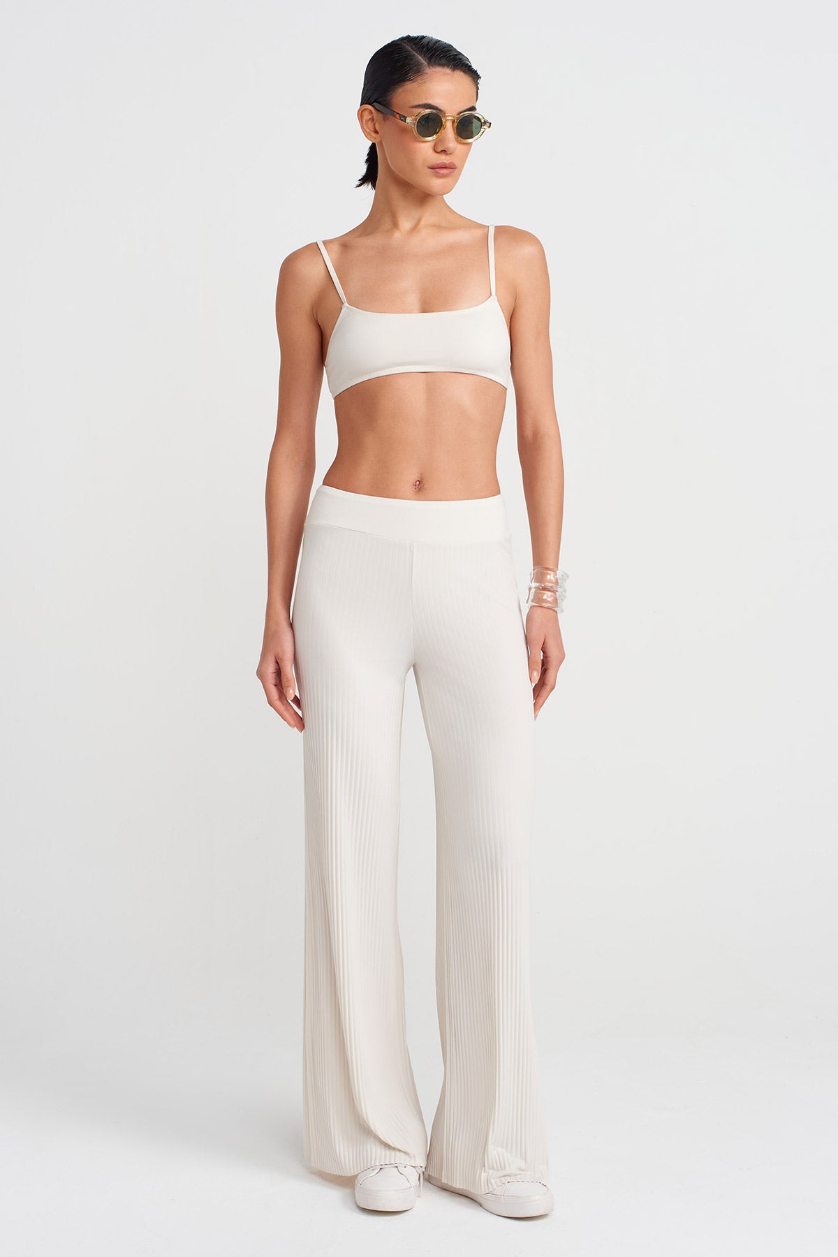 Ecru Wide Pleated Jersey Trousers-Y253013080