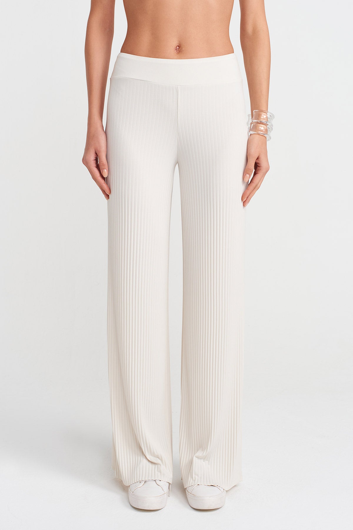 Ecru Wide Pleated Jersey Trousers-Y253013080