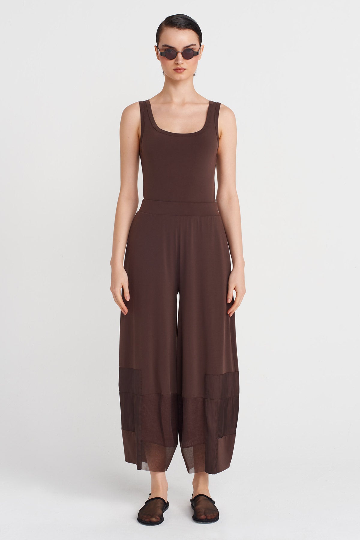 Organze ve Tafta Kumaş Şeritli Jarse Pantolon-Y253013114