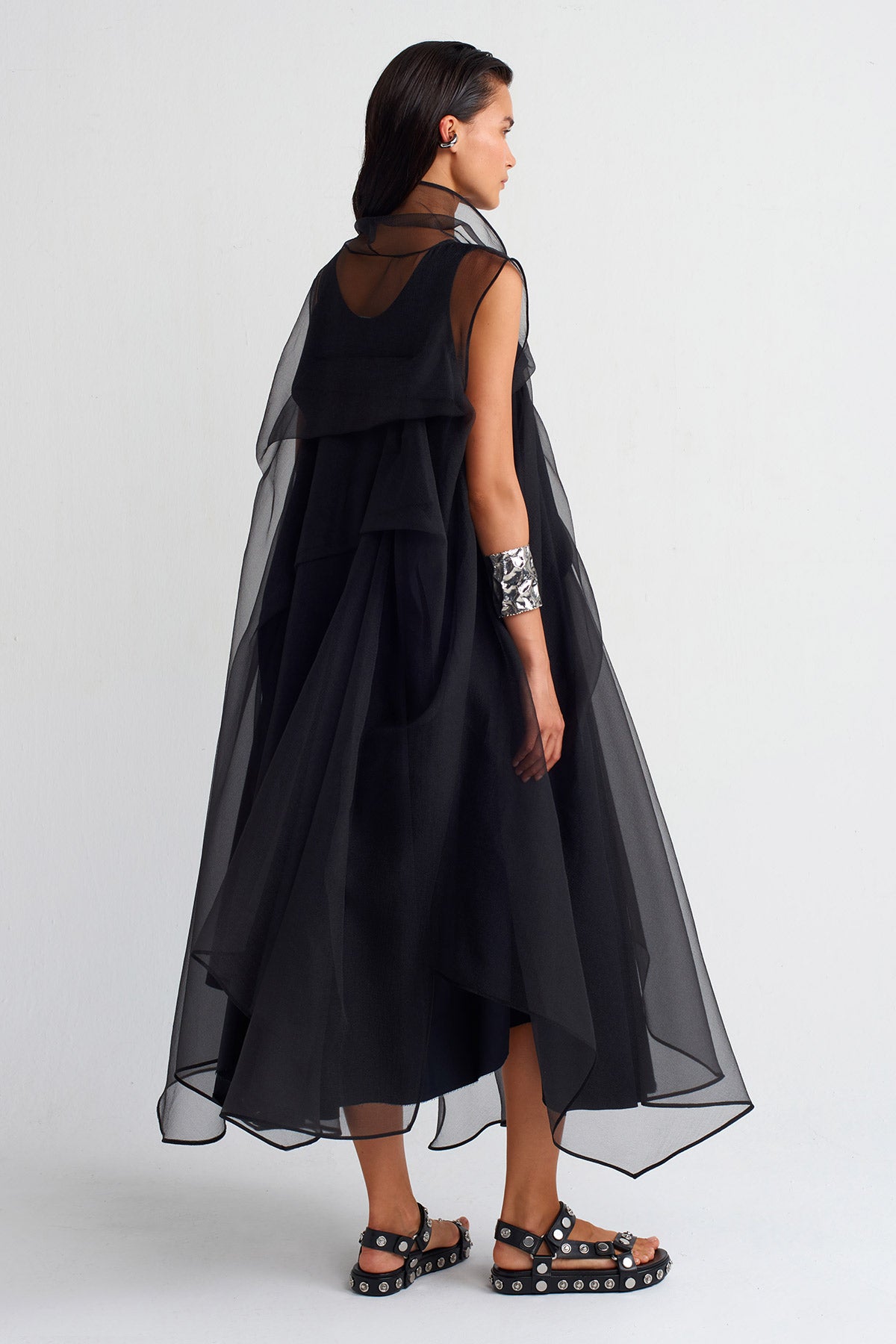 Black Fold Detail Organza Dress-Y254014012