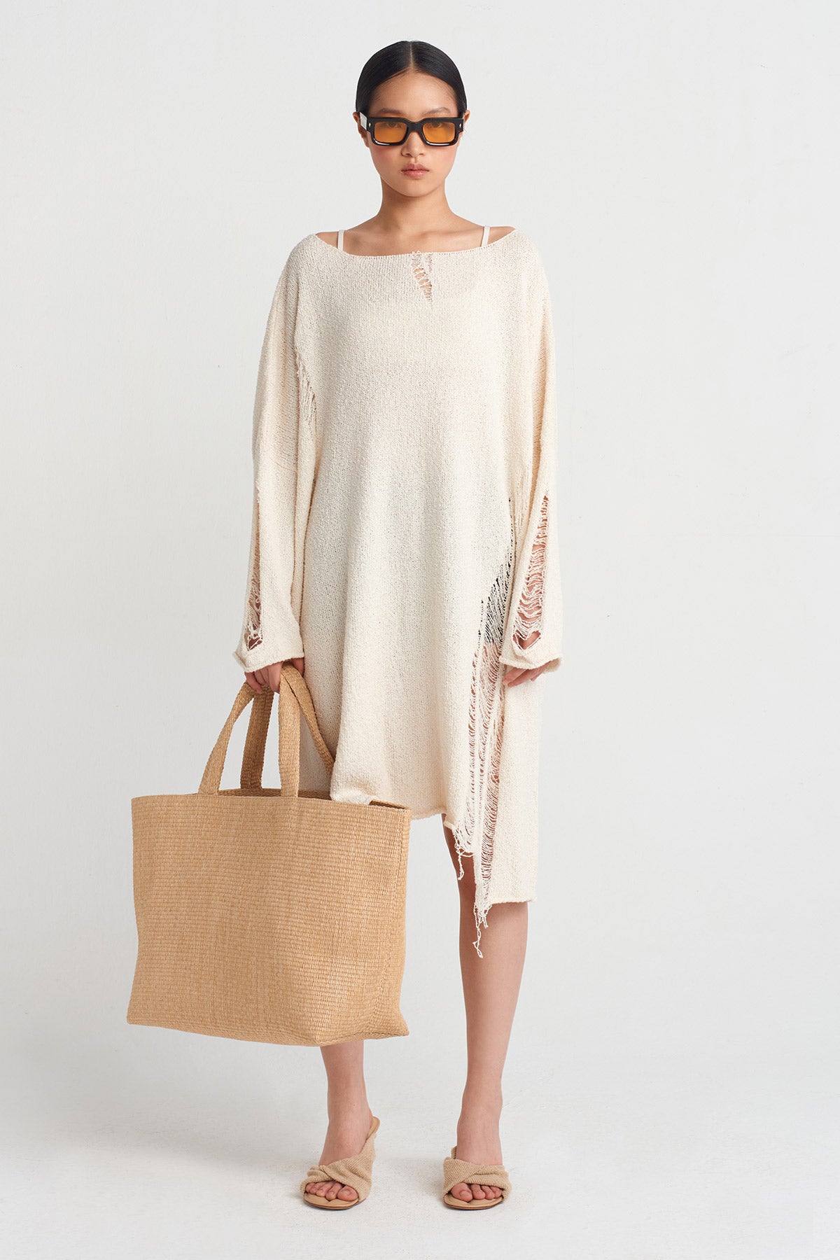 Natur Torn Effect Knit Dress-Y254014035