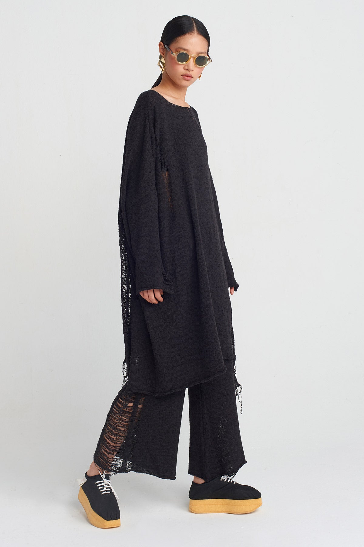 Black Ripped Effect Knit Dress-Y254014035