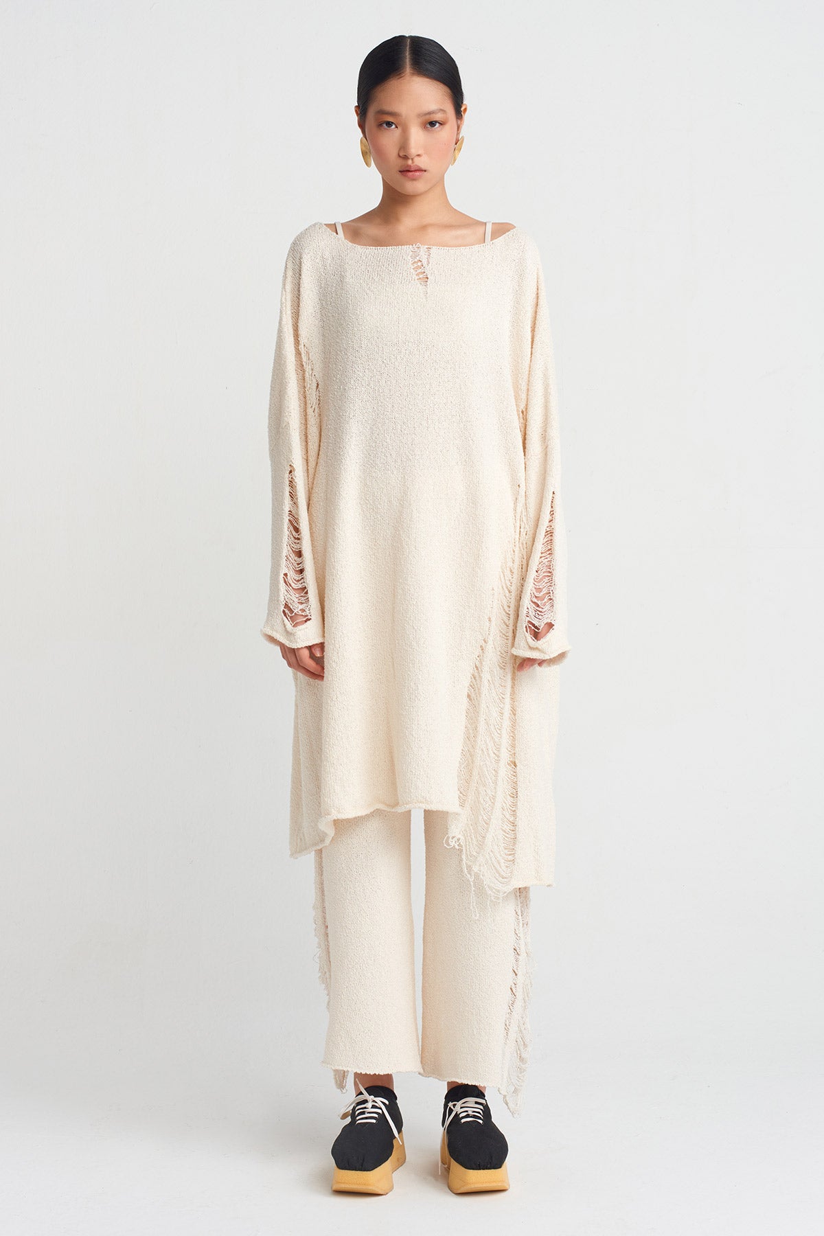 Natur Torn Effect Knit Dress-Y254014035