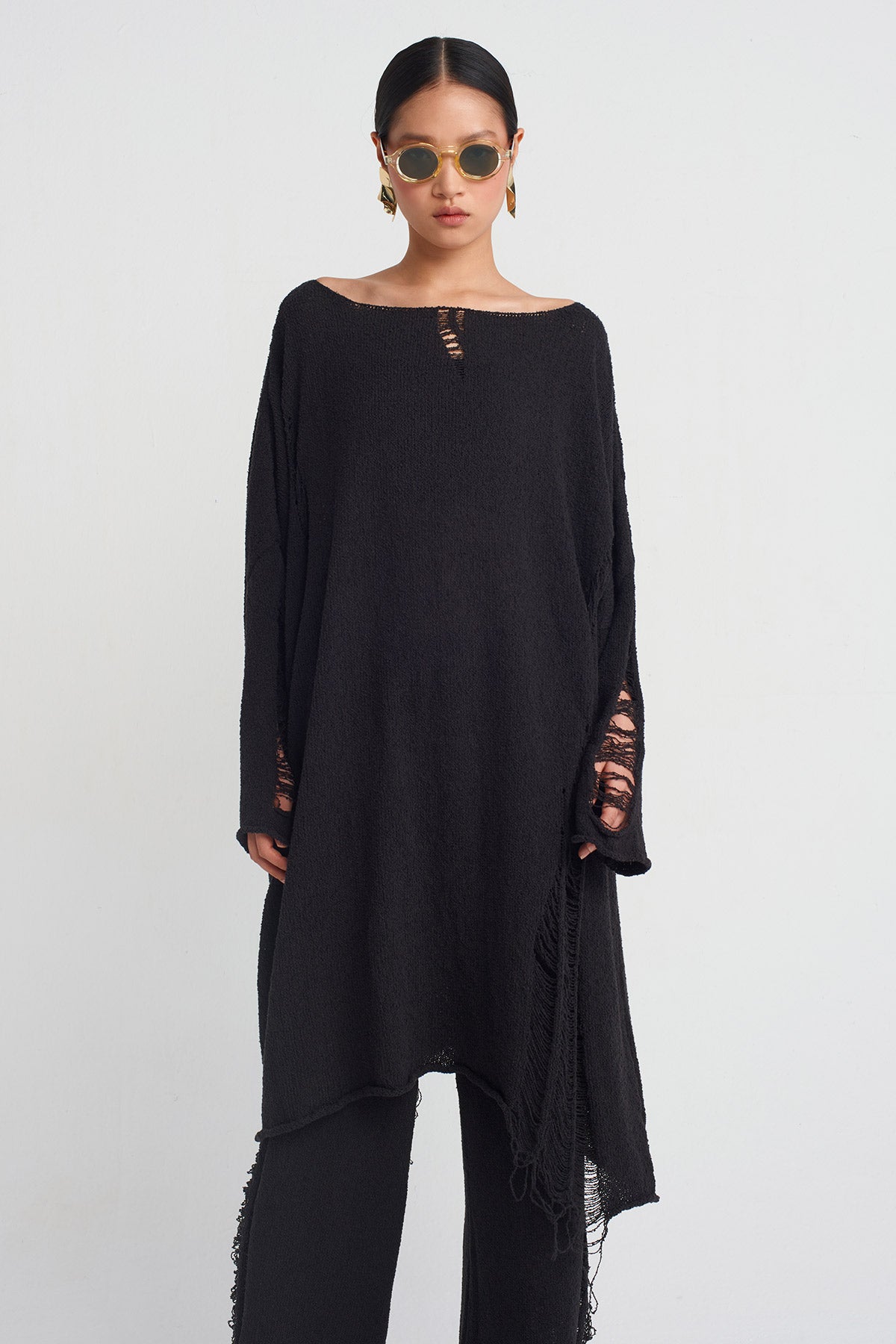 Black Ripped Effect Knit Dress-Y254014035