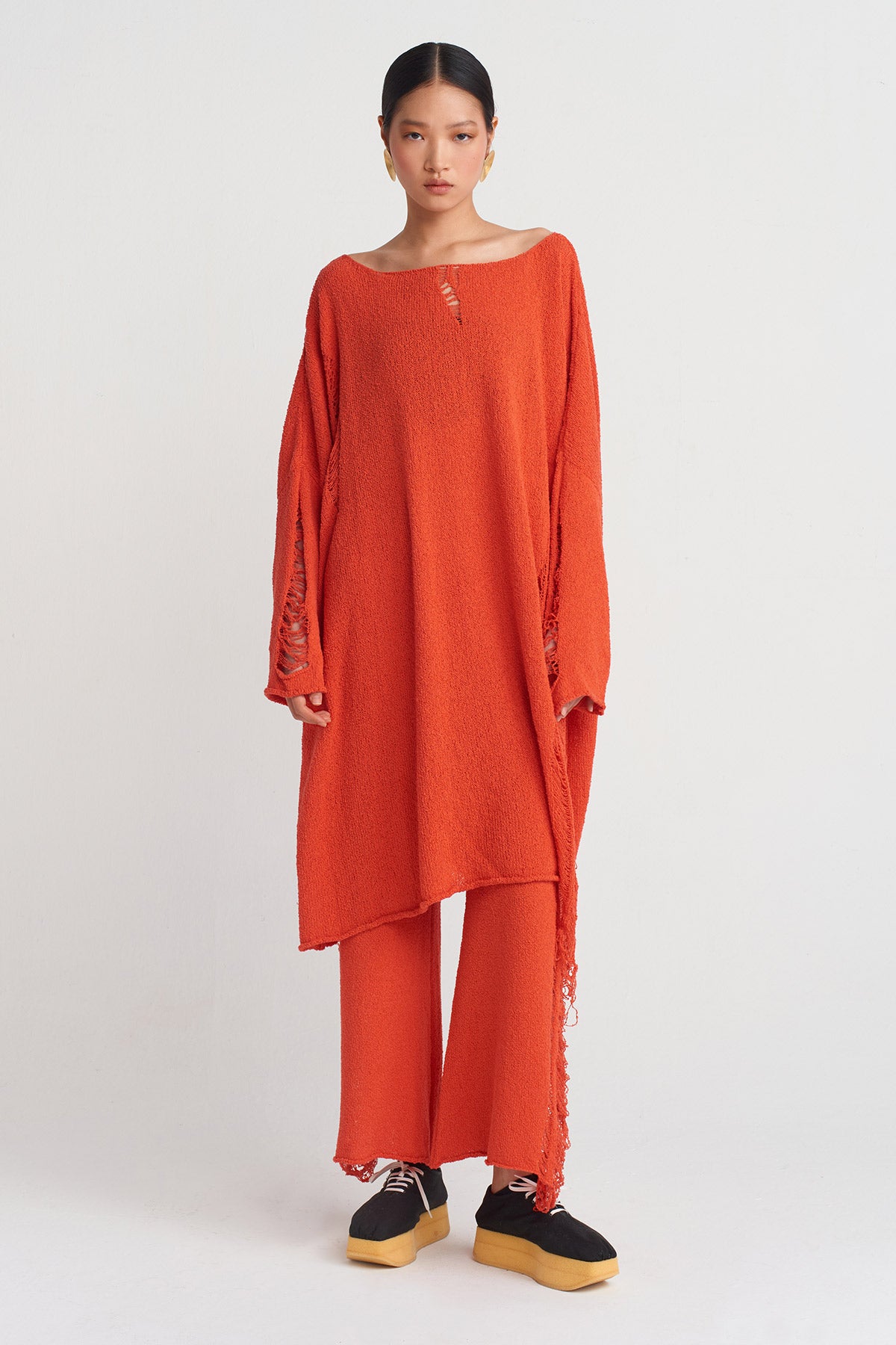 Red Ripped Effect Knit Dress-Y254014035
