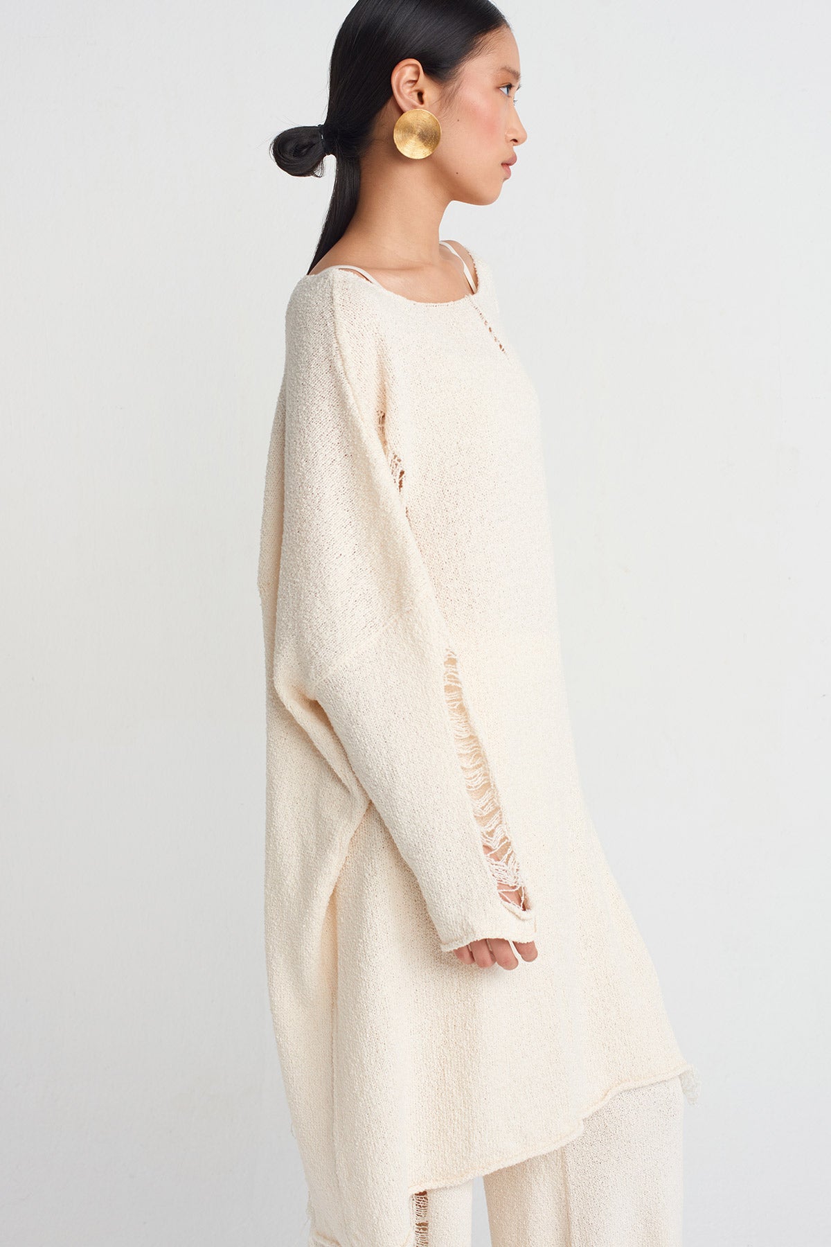 Natur Torn Effect Knit Dress-Y254014035