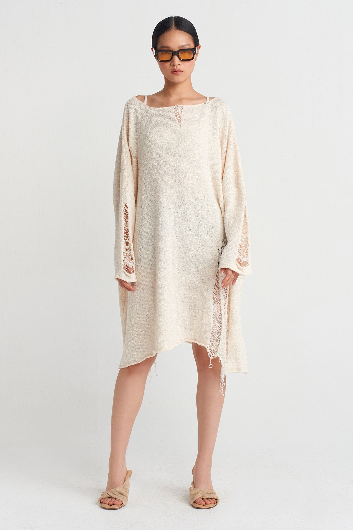 Natur Torn Effect Knit Dress-Y254014035