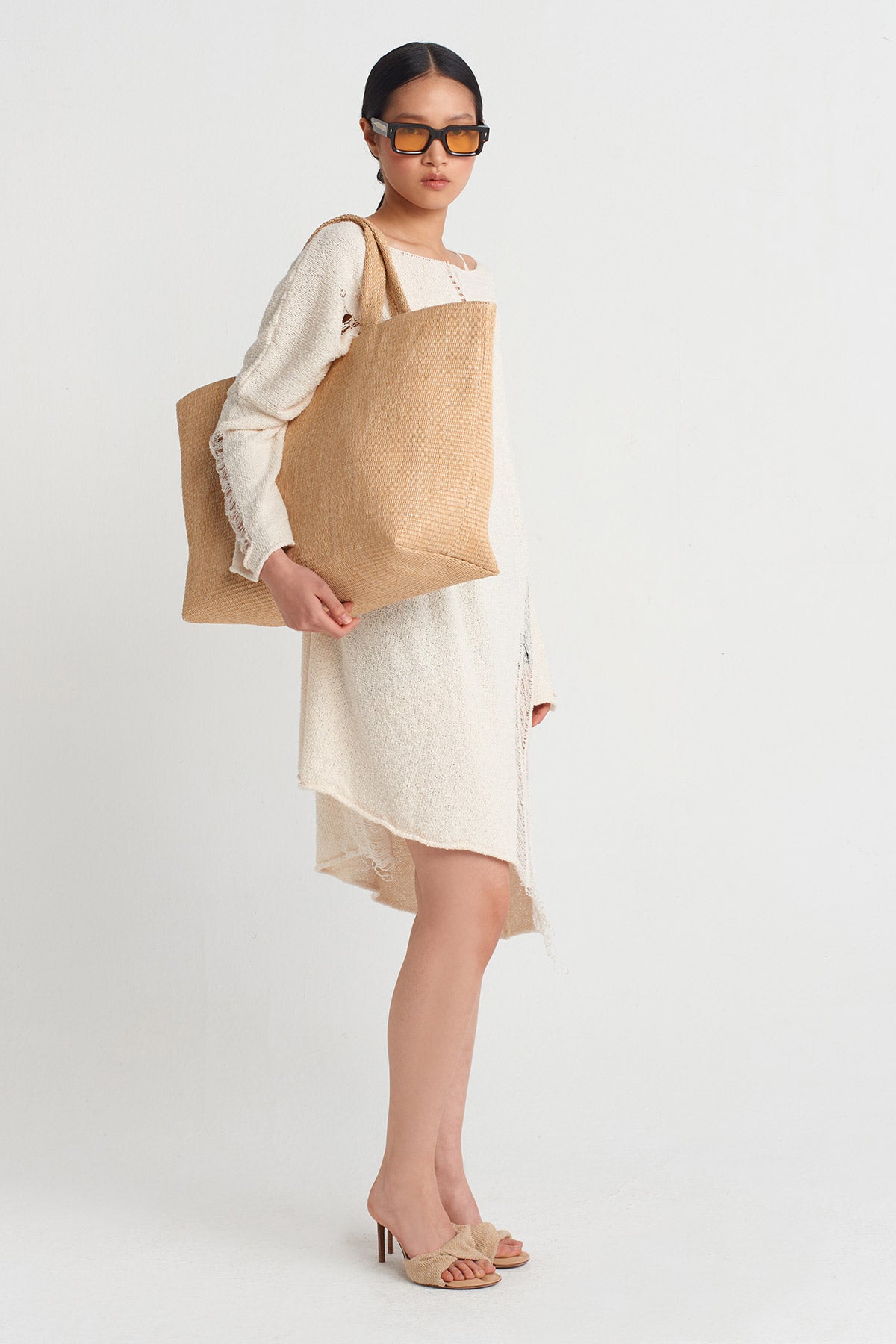 Natur Torn Effect Knit Dress-Y254014035