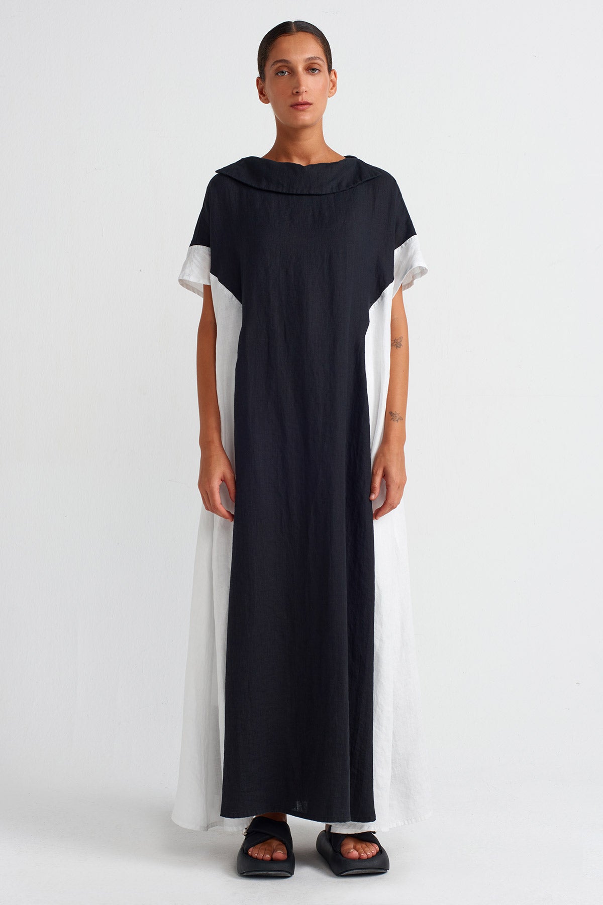 Black / White Color Block Linen Dress-Y254014078