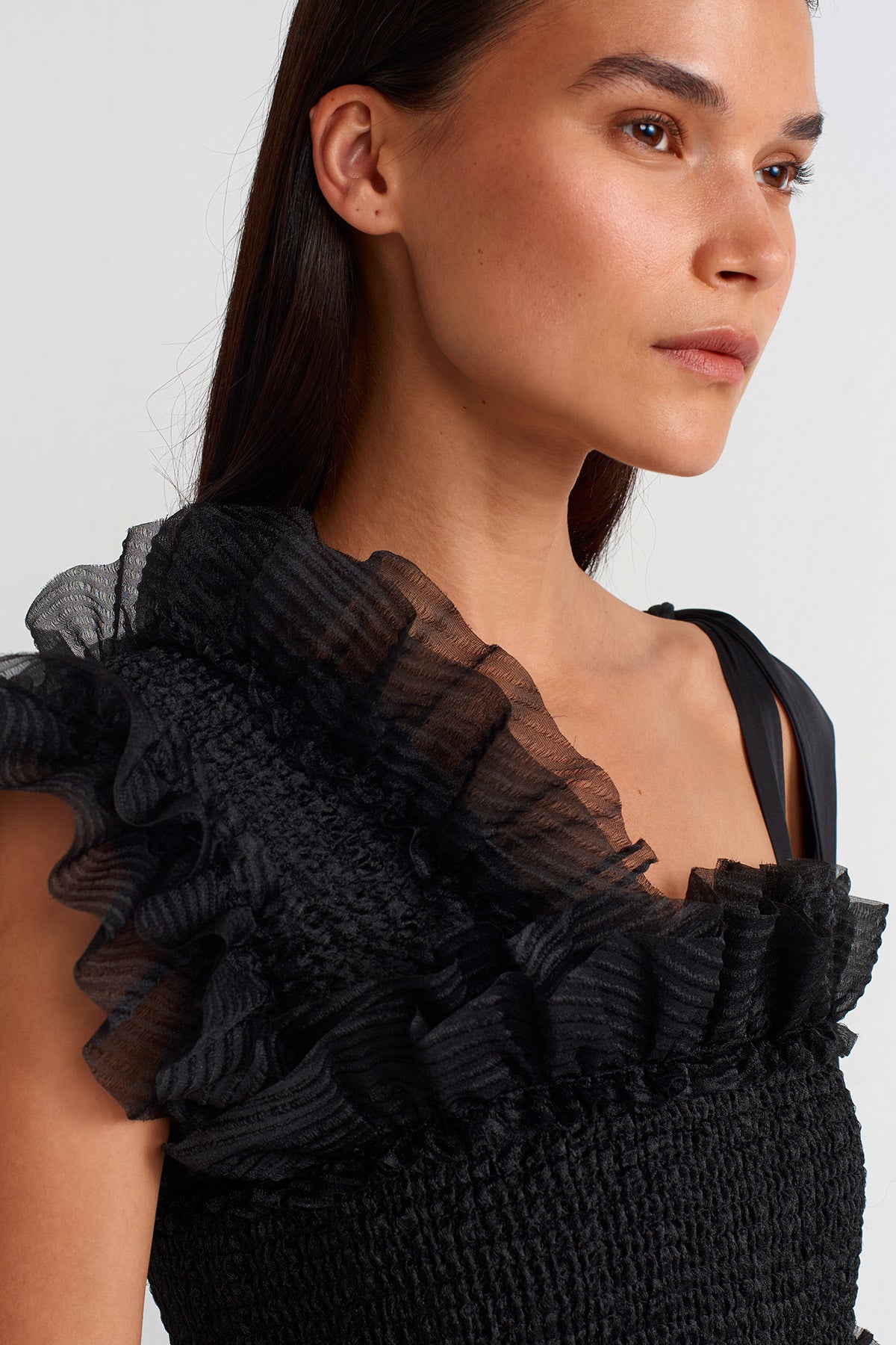 Black Embroidered Organza Puffy Dress-Y254014080