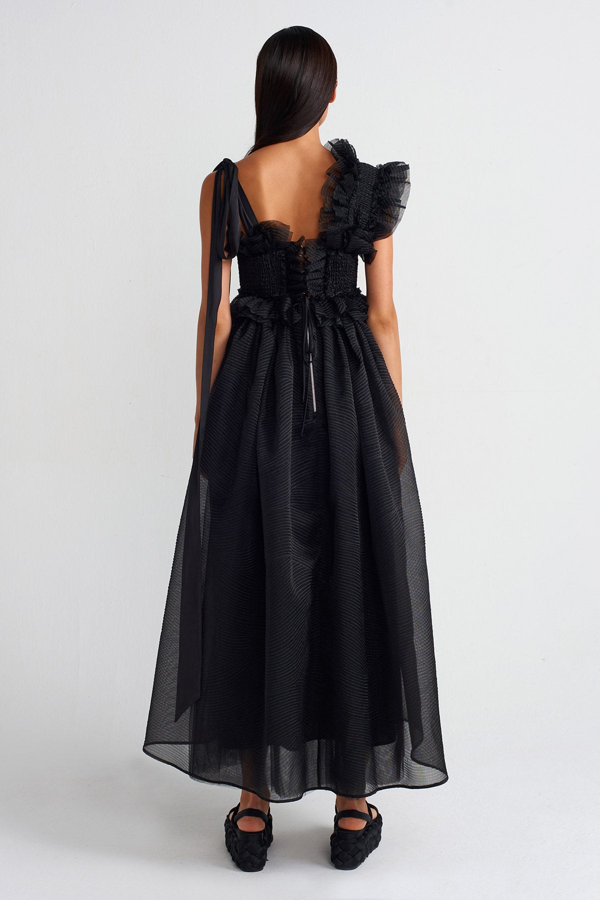 Black Embroidered Organza Puffy Dress-Y254014080