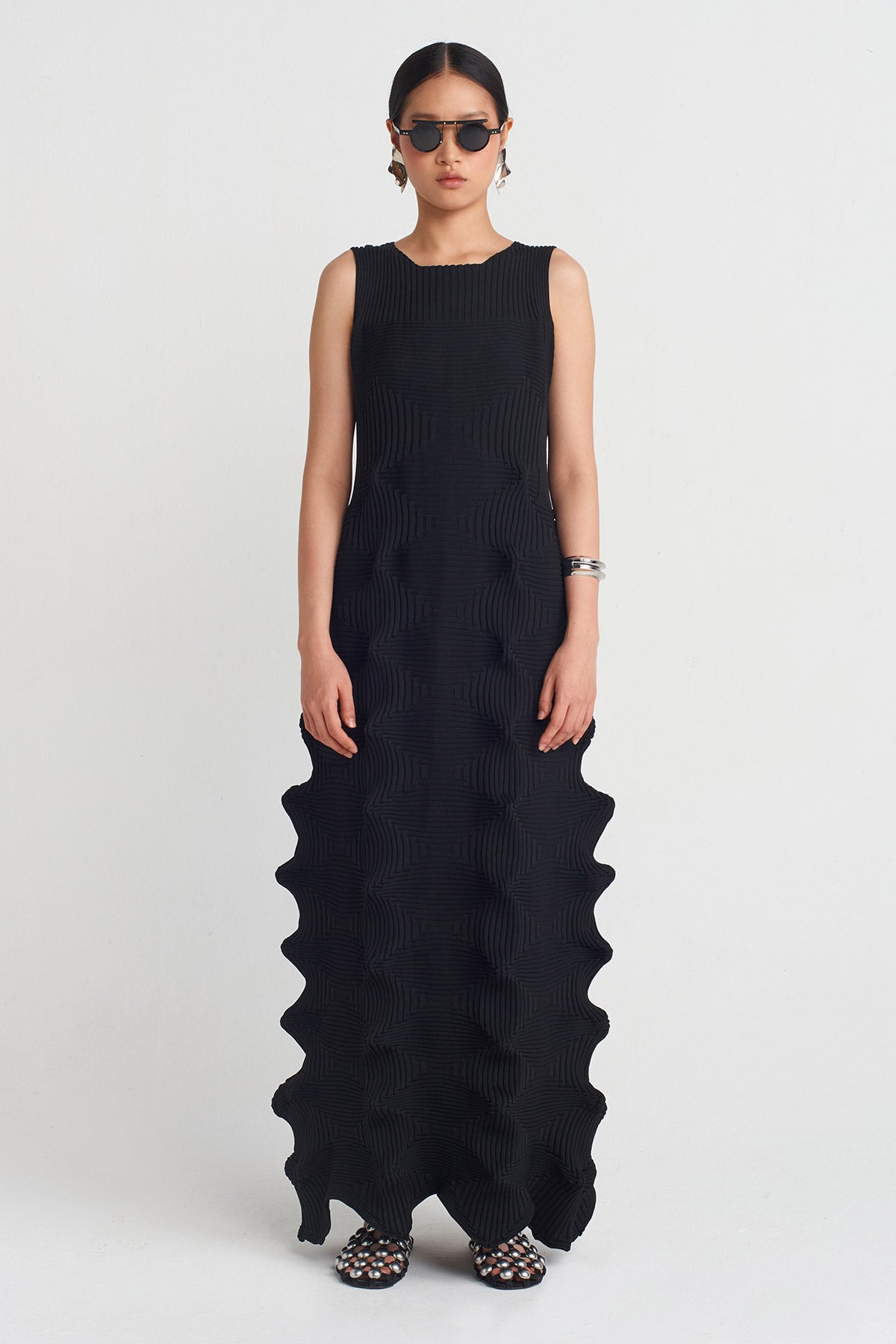 Black Origami Knitwear Long Dress-Y254014092