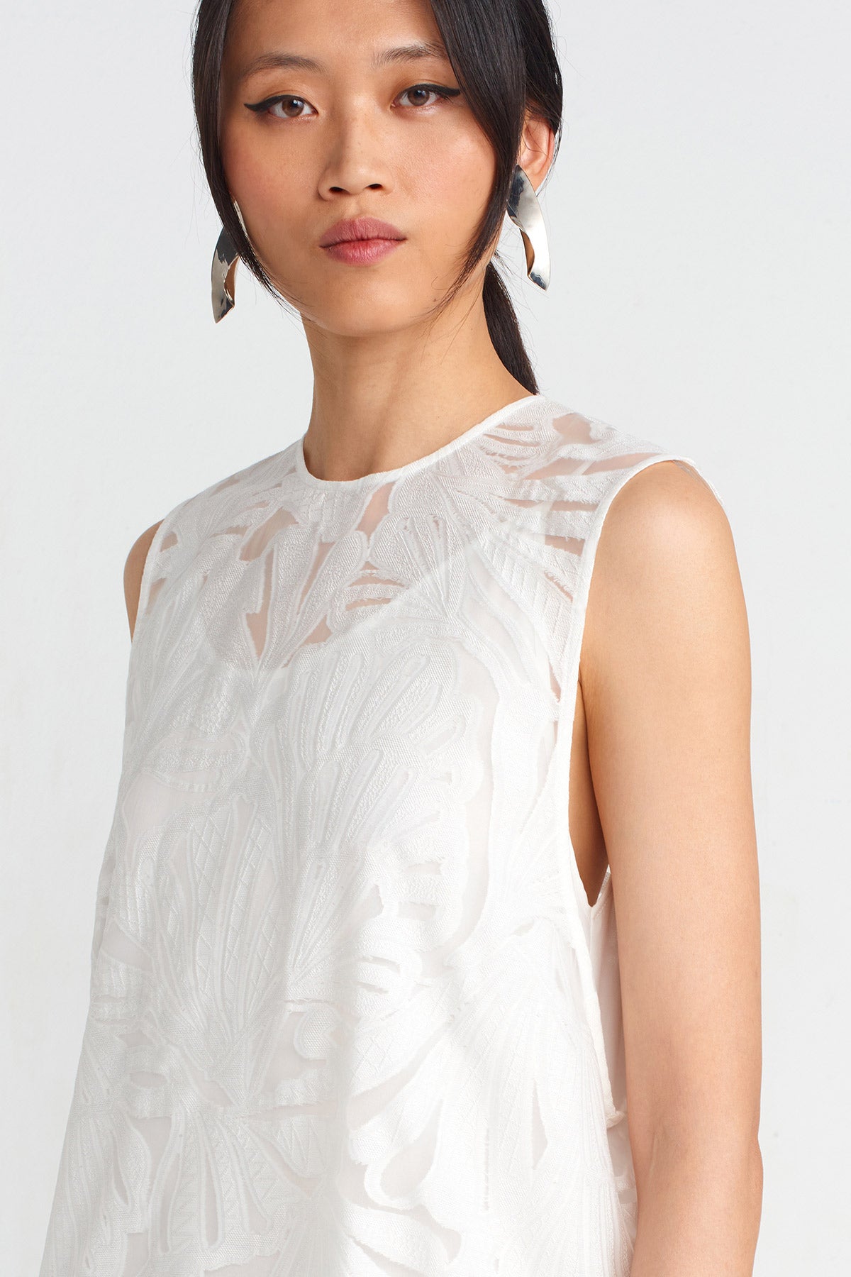 Off White Jacquard Patterned Organza Dress-Y254014098