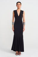 Black V Neck Fitted Jersey Dress-Y254014131