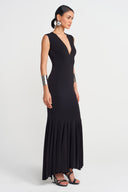 Black V Neck Fitted Jersey Dress-Y254014131