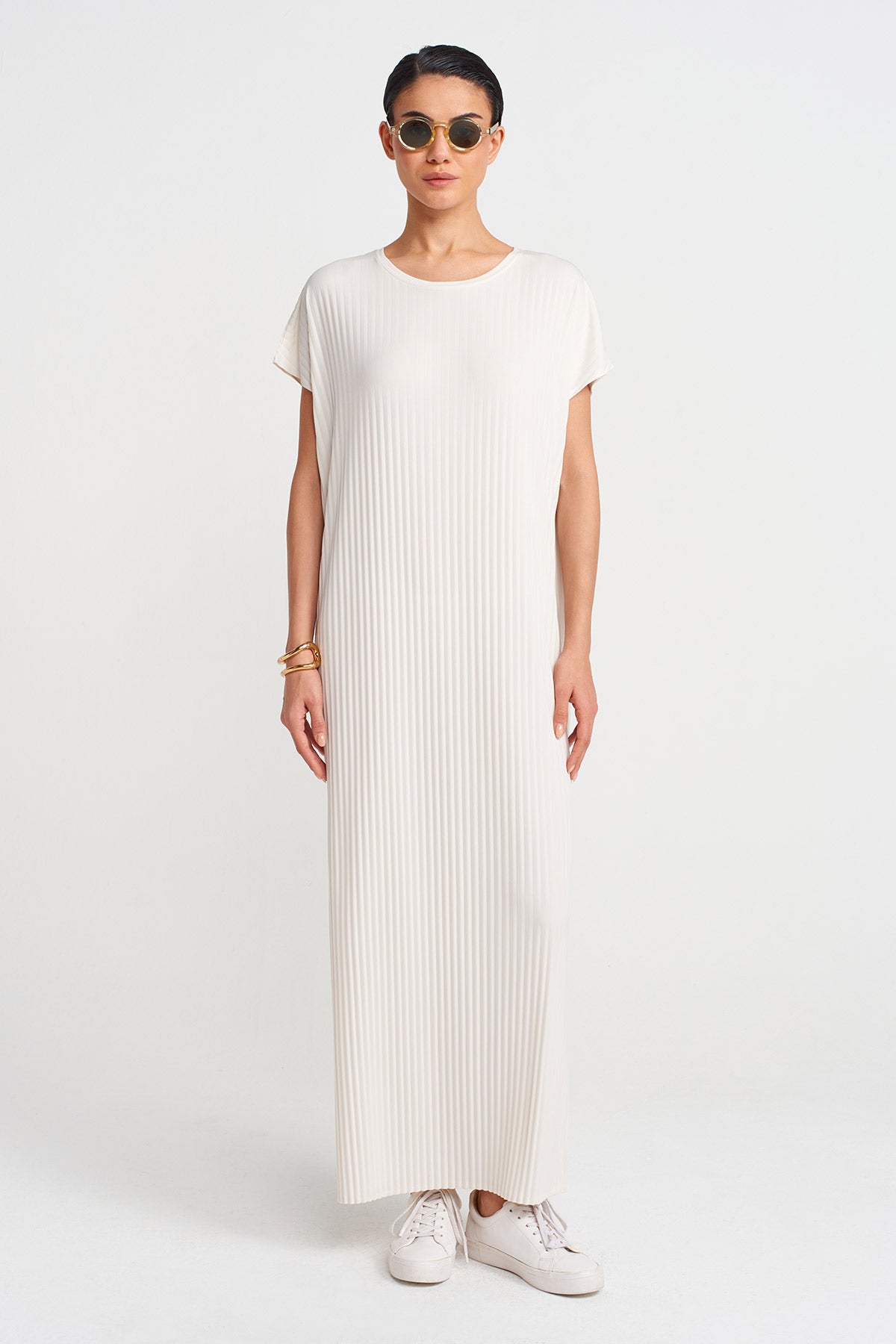 Ecru Long Pleated Jersey Dress-Y254014136