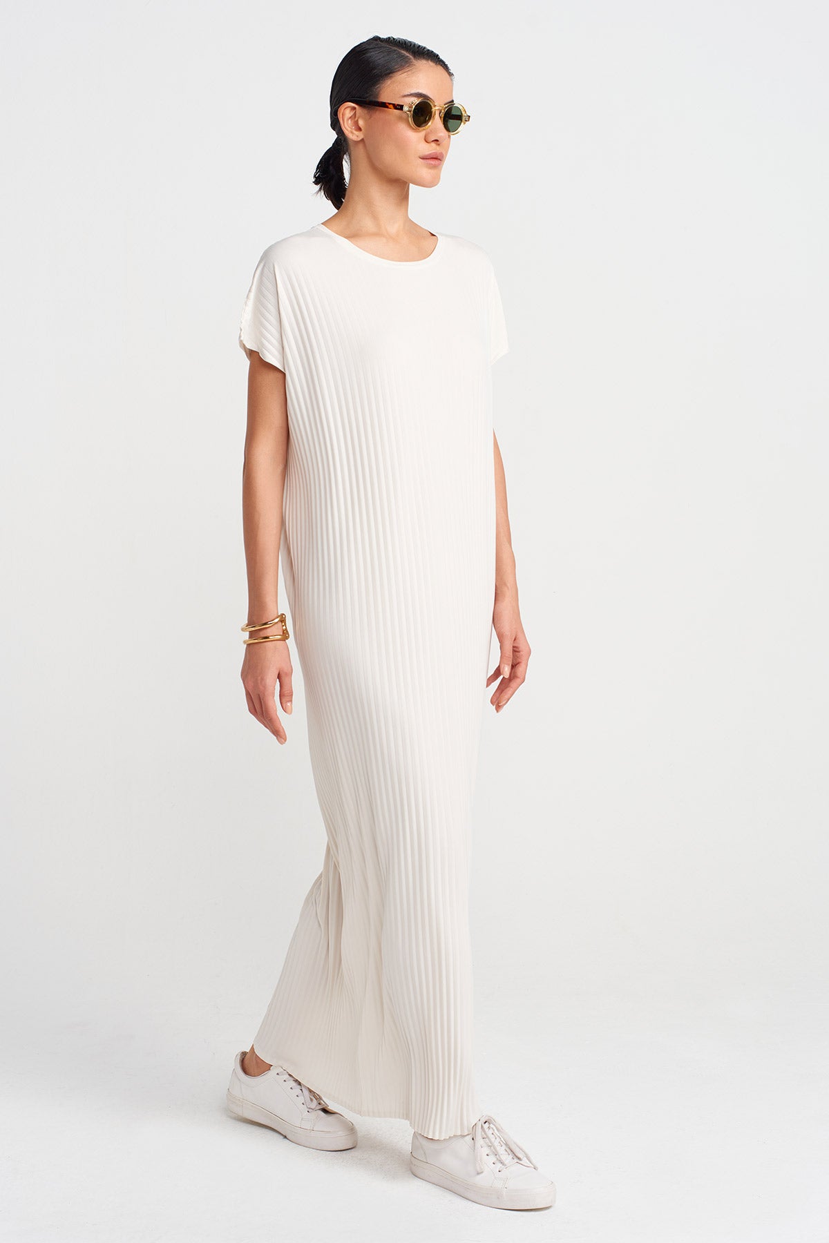 Ecru Long Pleated Jersey Dress-Y254014136