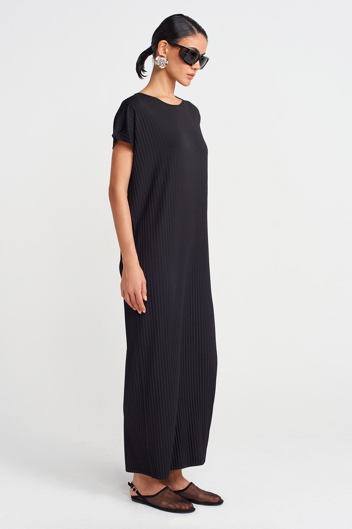 Black Long Pleated Jersey Dress-Y254014136