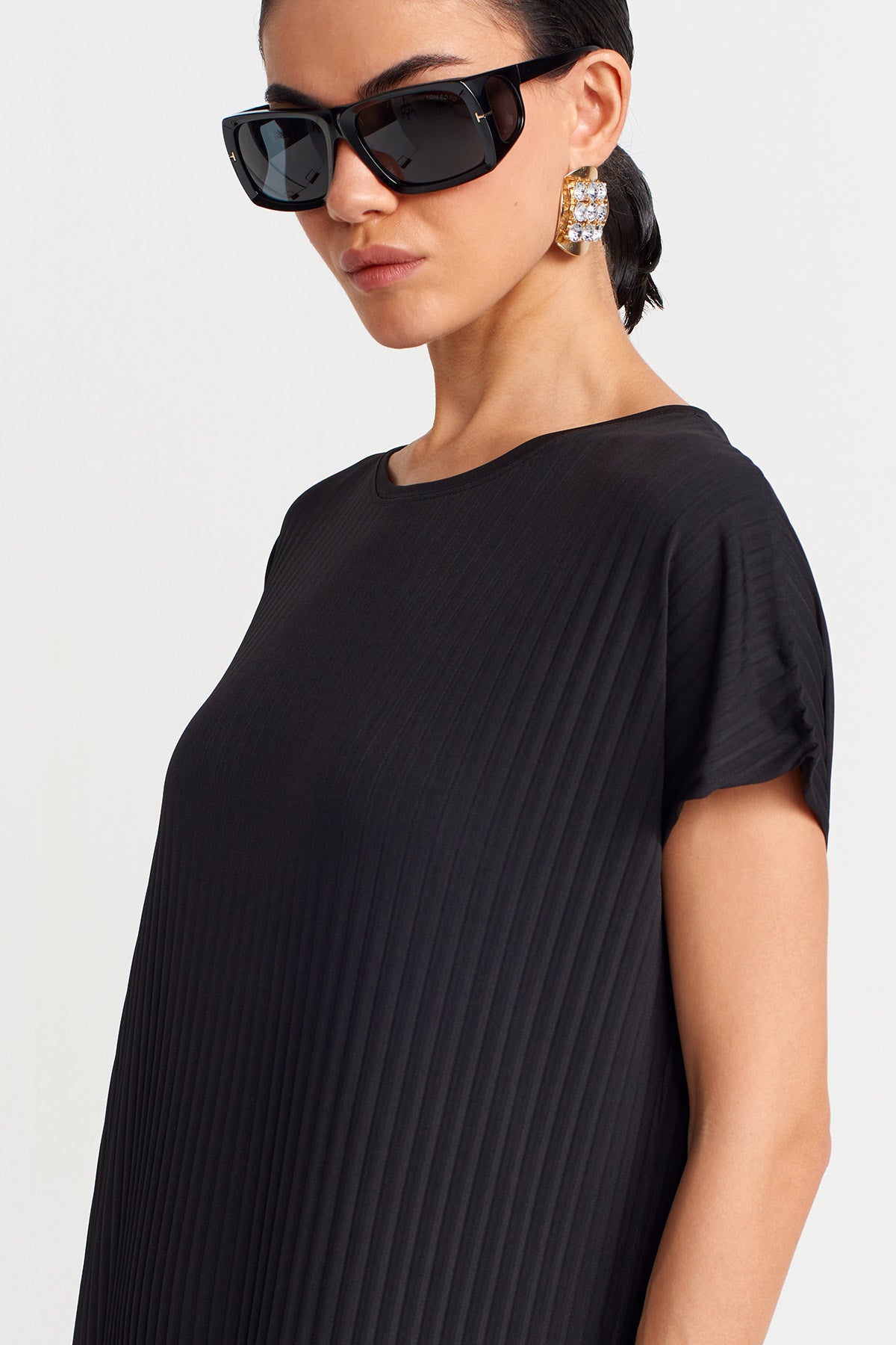 Black Long Pleated Jersey Dress-Y254014136