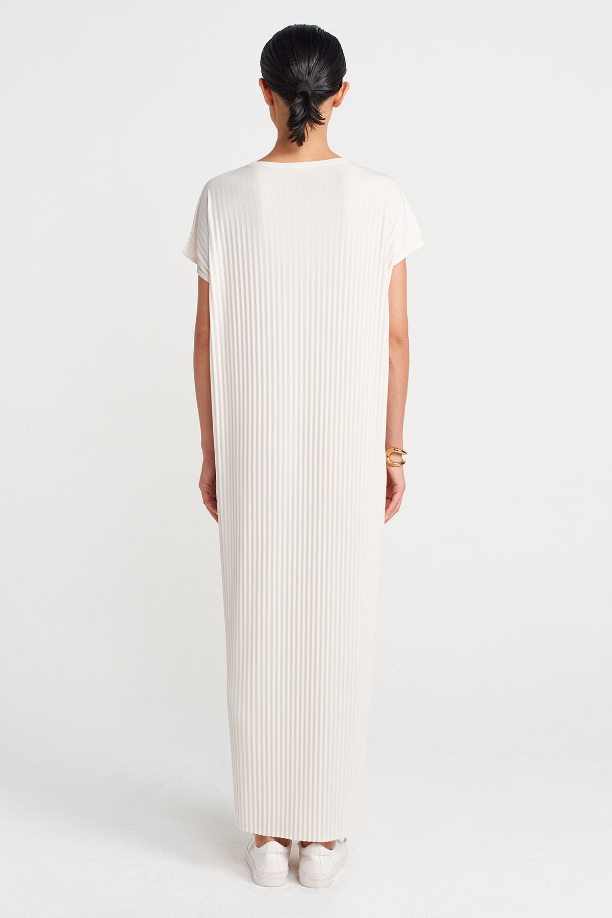 Ecru Long Pleated Jersey Dress-Y254014136