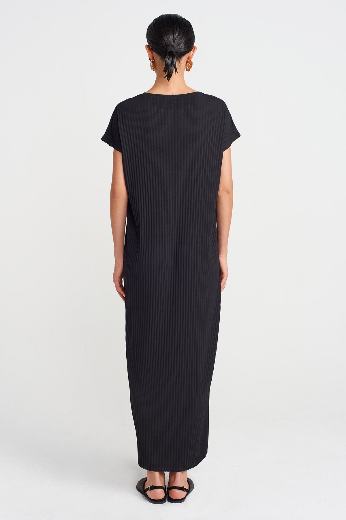 Black Long Pleated Jersey Dress-Y254014136