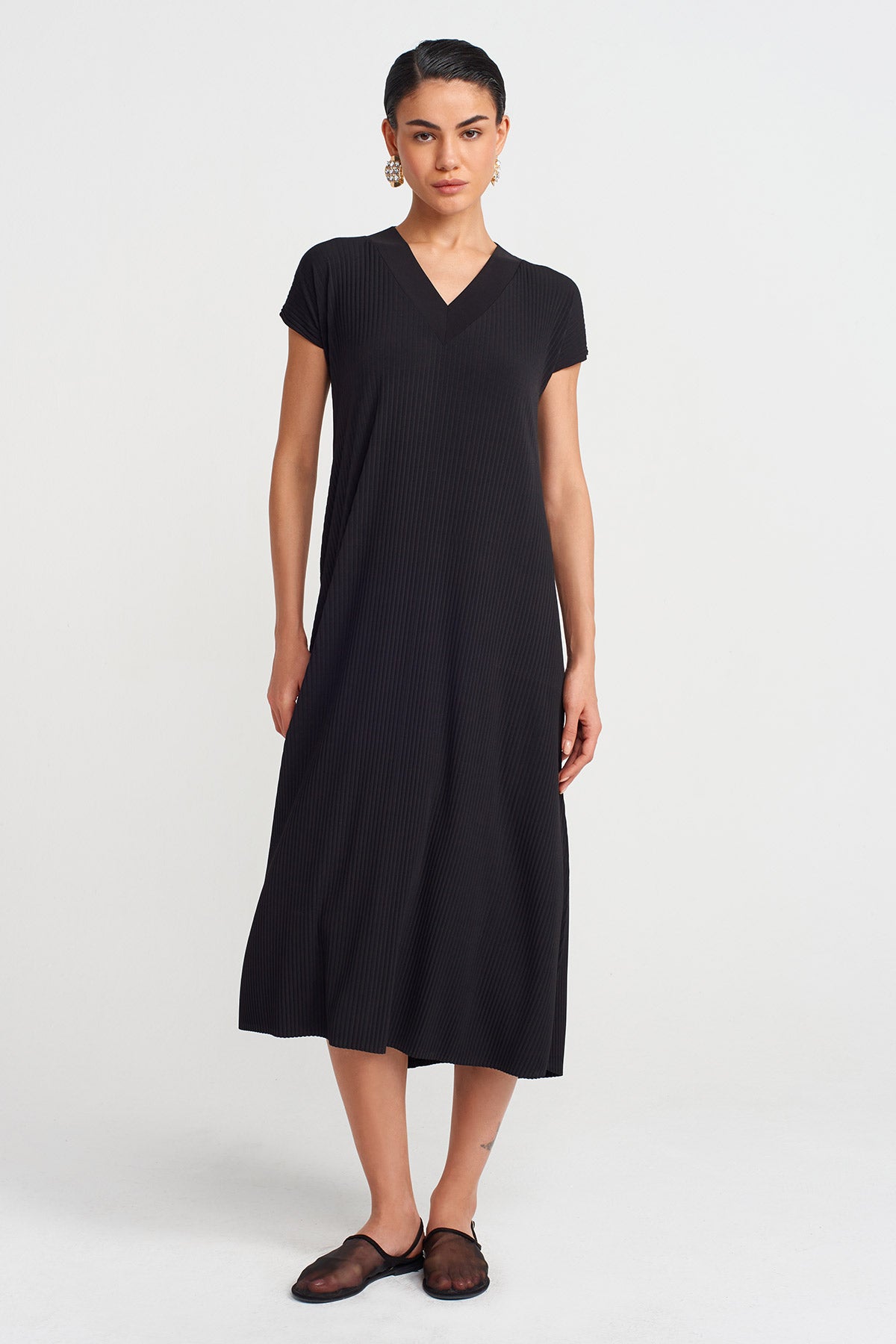 Black V Neck Pleated Jersey Dress-Y254014137