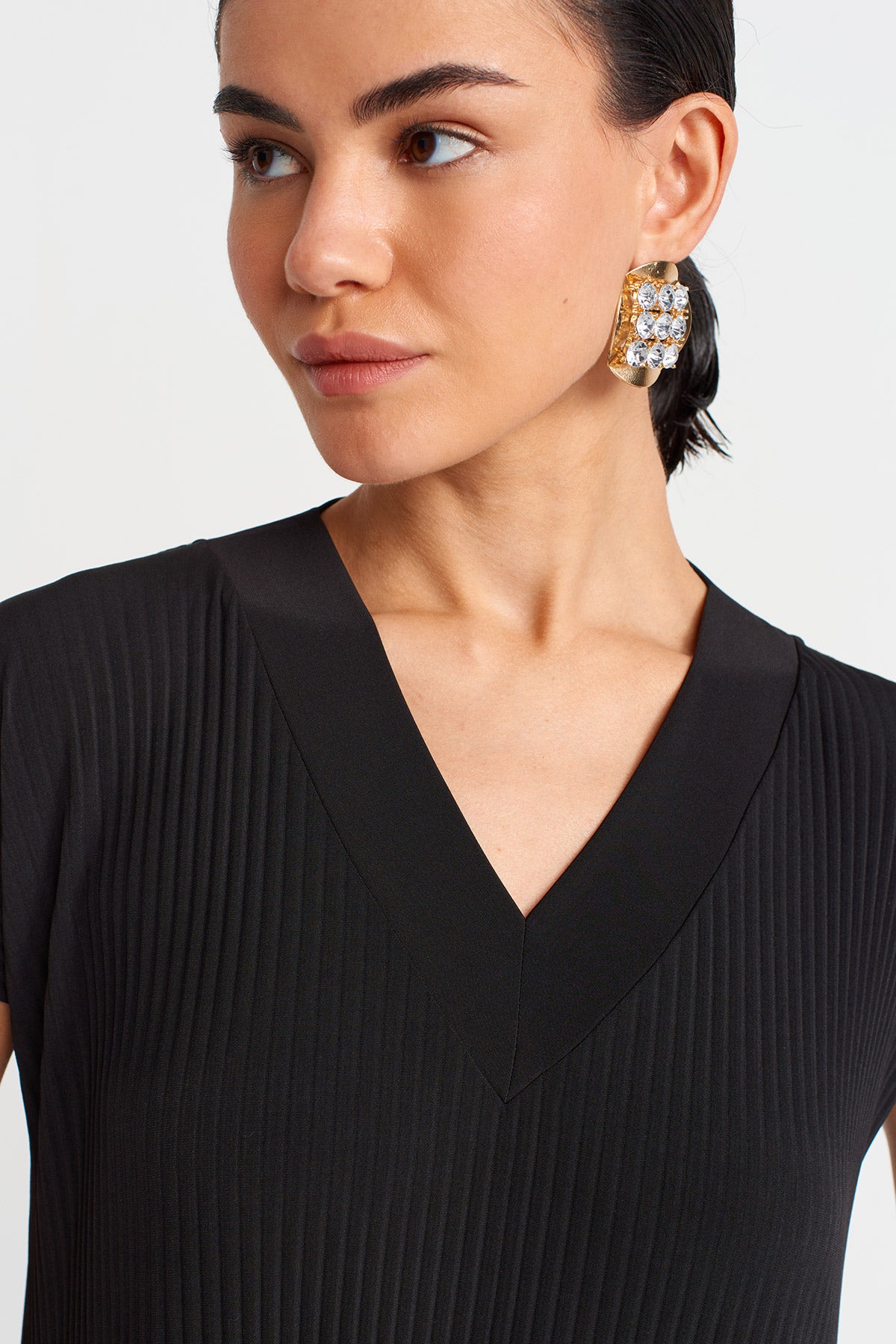 Black V Neck Pleated Jersey Dress-Y254014137