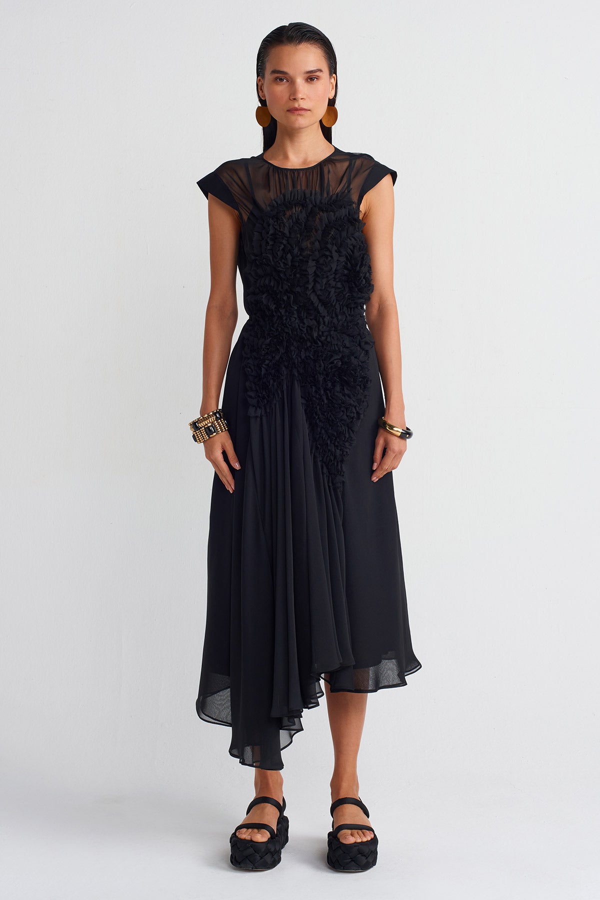Black Embroidered Chiffon Dress-Y254014151