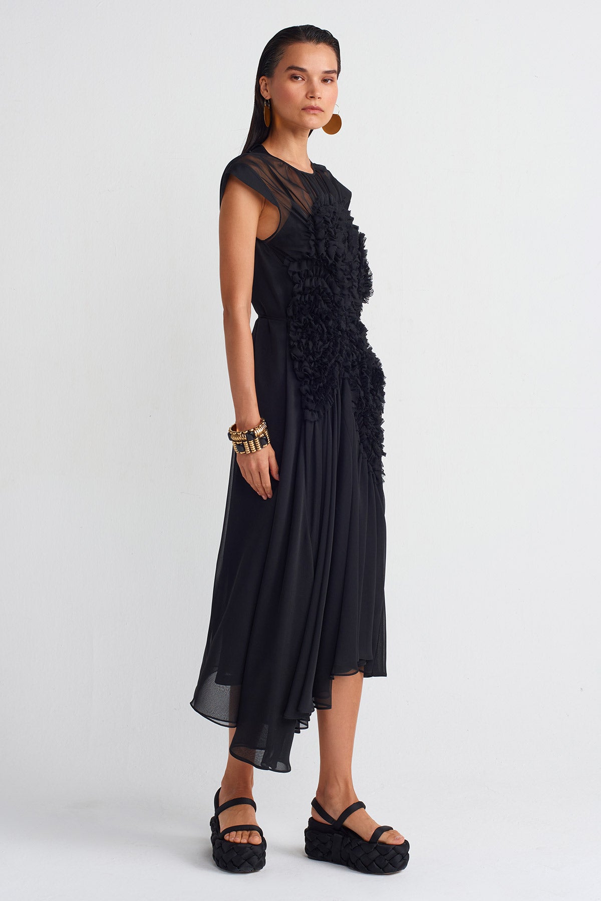 Black Embroidered Chiffon Dress-Y254014151