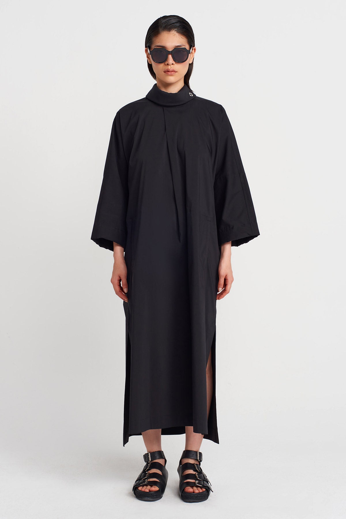 Siyah Yüksek Yaka Poplin Elbise-Y254014159