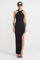 Black Deep Slit Chic Jersey Dress-Y254014163
