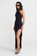 Black Deep Slit Chic Jersey Dress-Y254014163