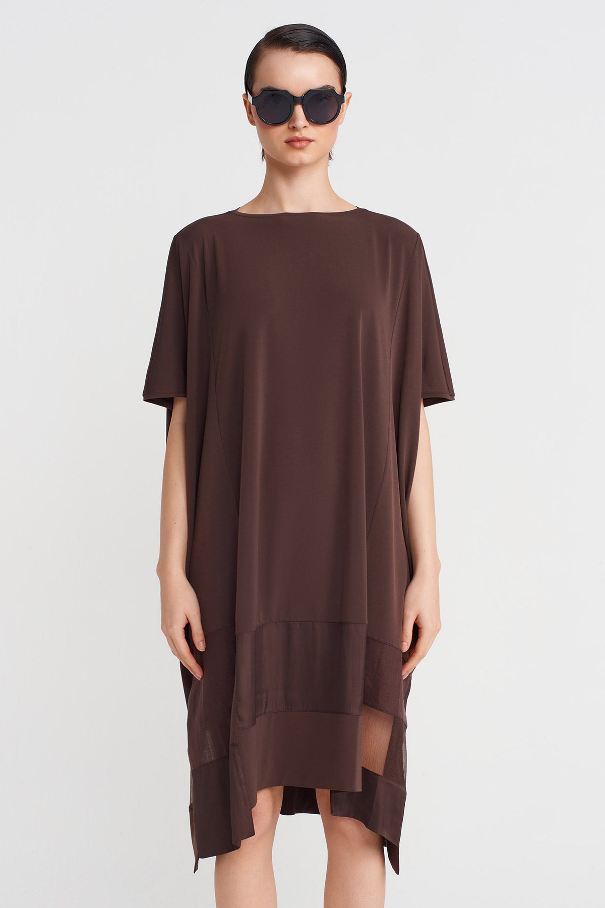 Organze ve Tafta Kumaş Şeritli Jarse Elbise-Y254014186
