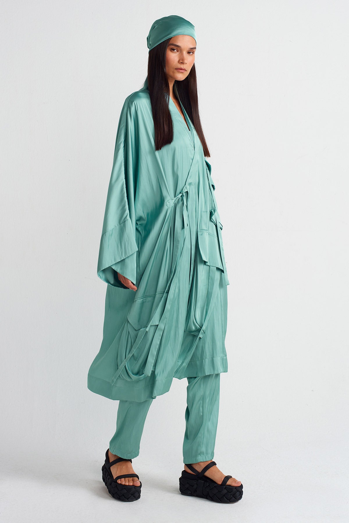 Turkuaz Cepli Saten Kimono-Y255015026
