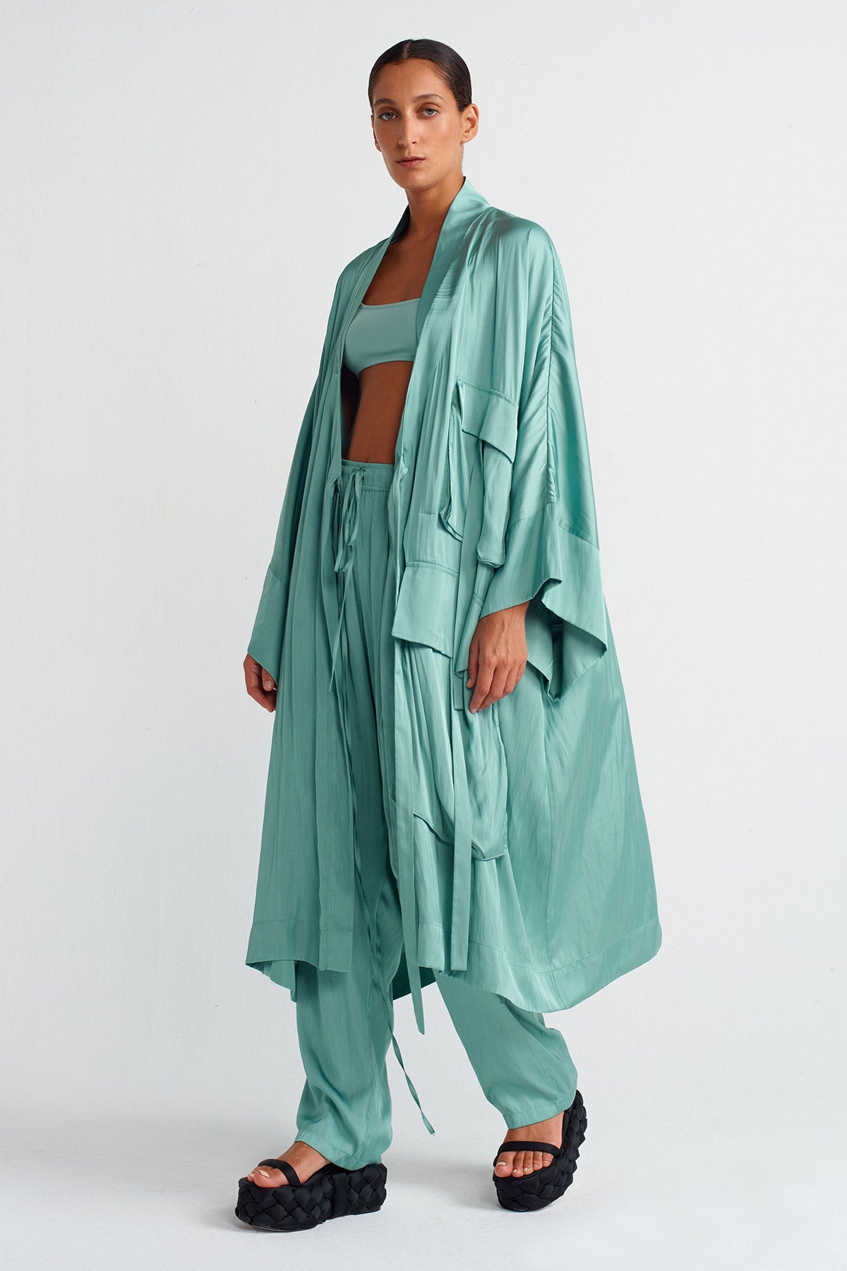 Turkuaz Cepli Saten Kimono-Y255015026