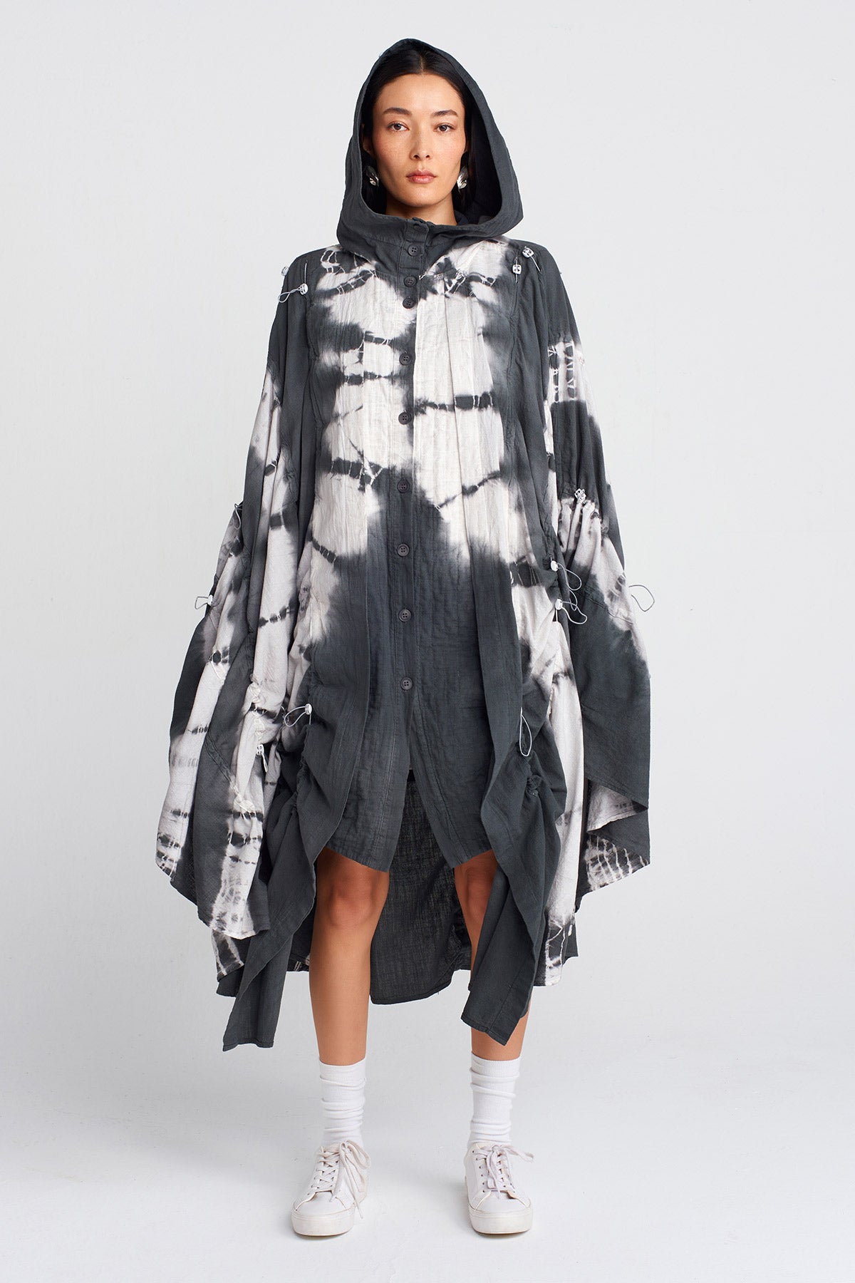 Koyu Gri Batik Efektli Kapişonlu Ceket-Y255015050