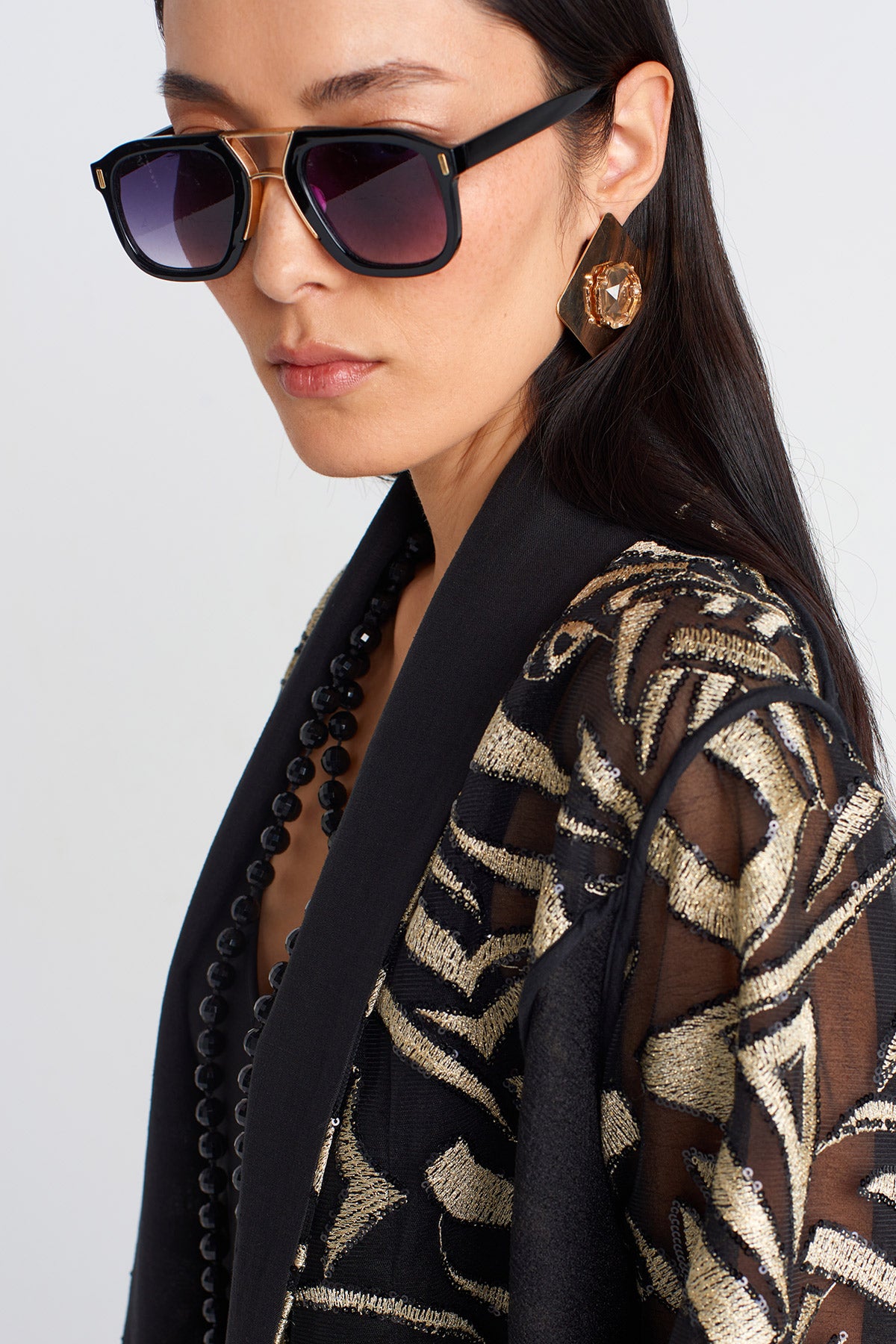 Black Gold Embroidered Long Kimono-Y255015072