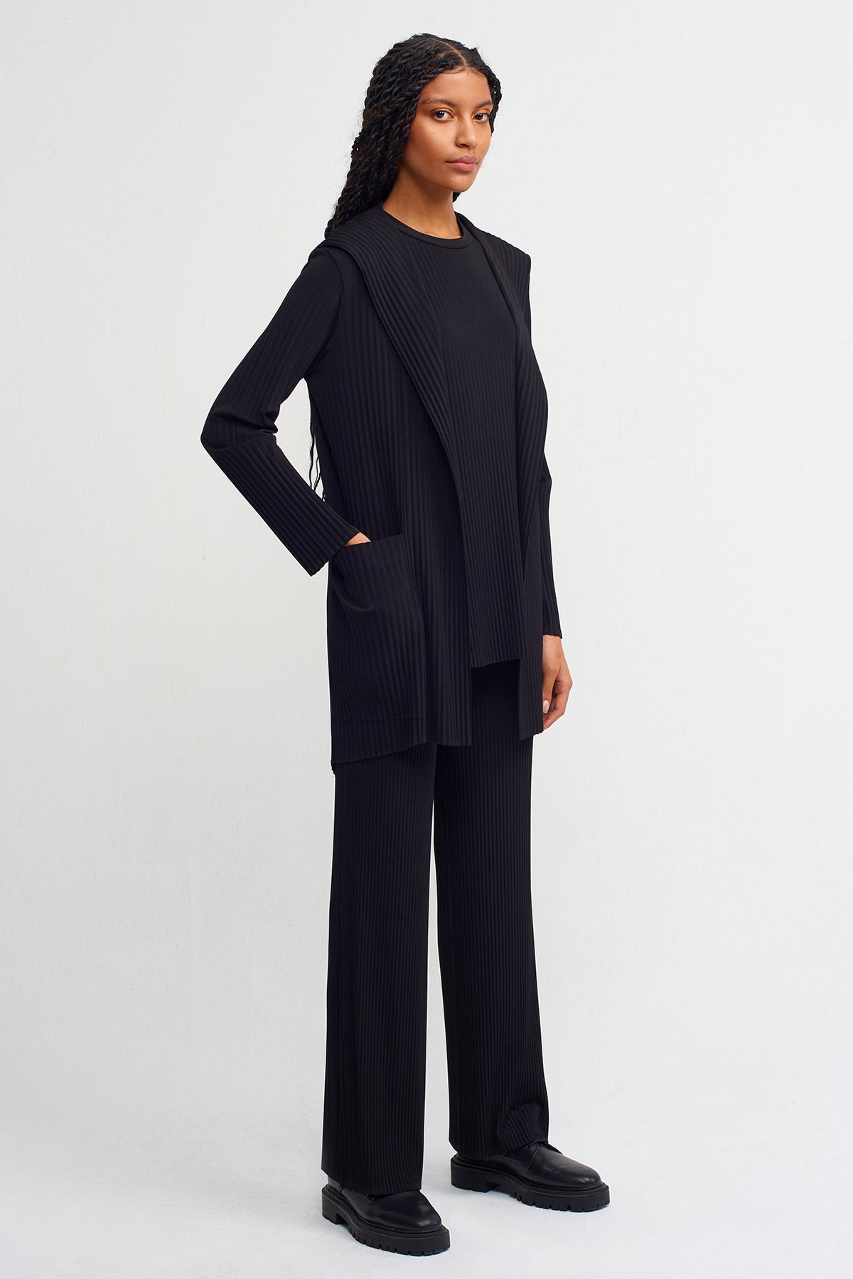 Black Hooded Pleated Jersey Cardigan-Y255015086