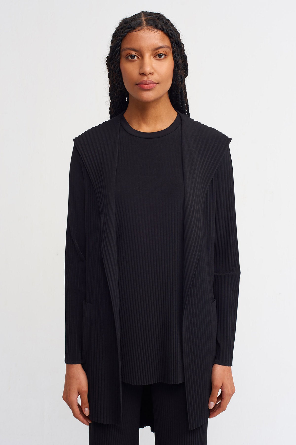 Black Hooded Pleated Jersey Cardigan-Y255015086