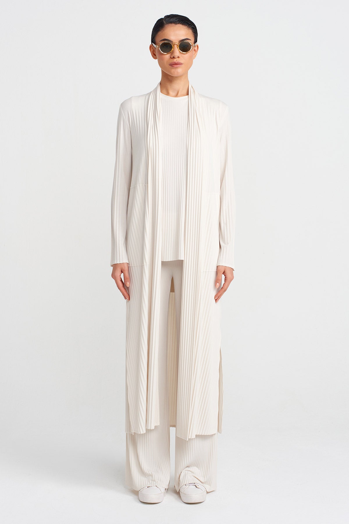 Ecru Long Pleated Jersey Cardigan-Y255015087