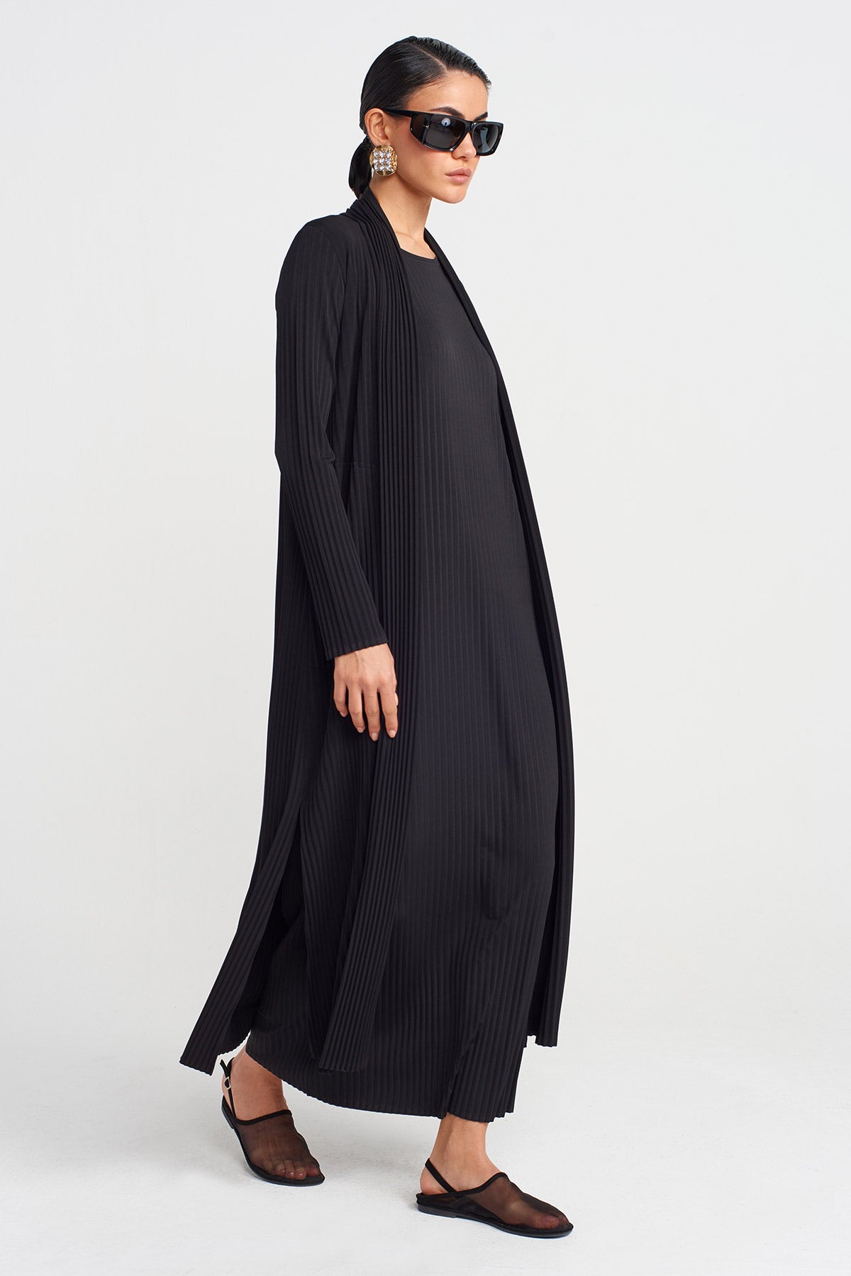 Black Long Pleated Jersey Cardigan-Y255015087