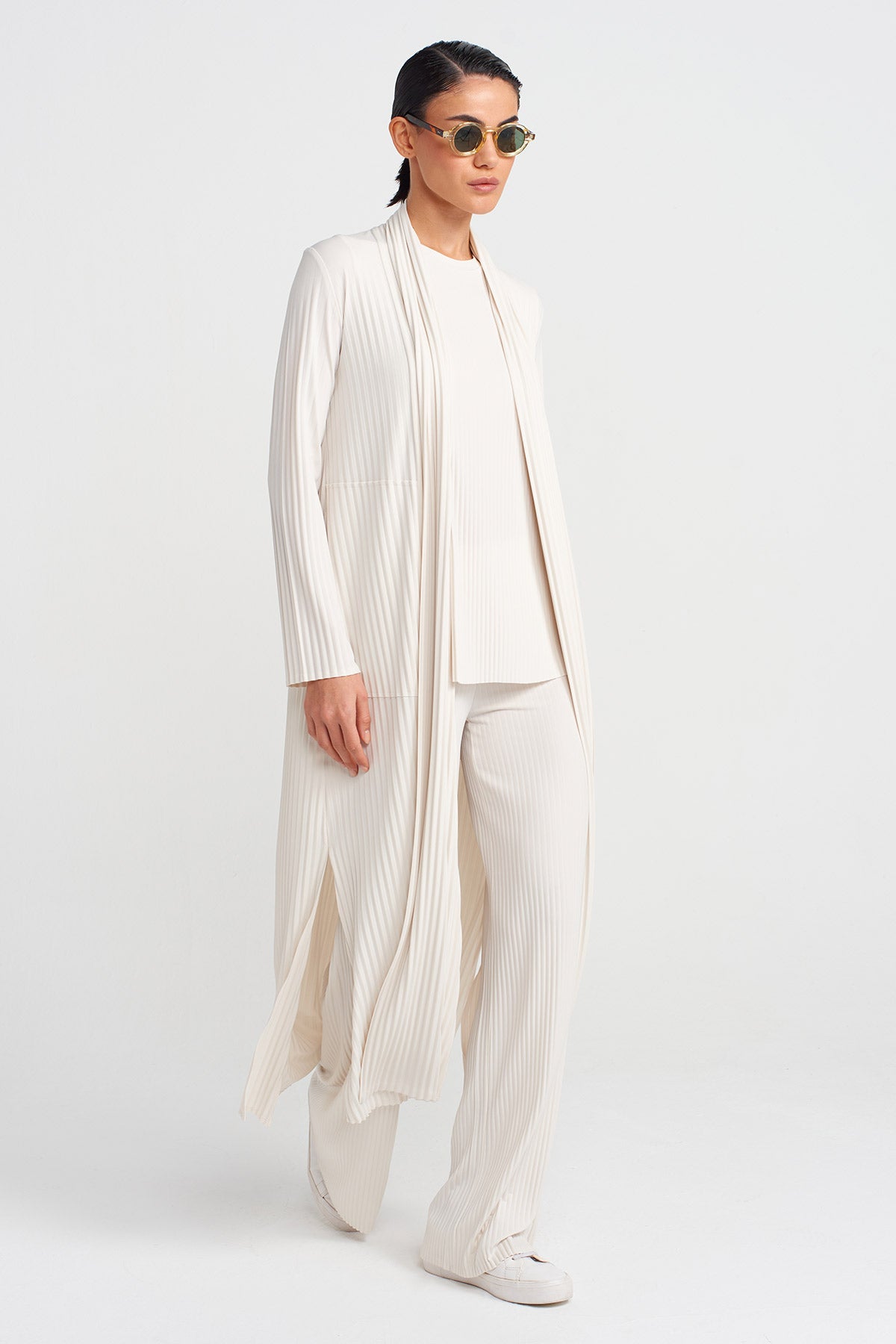 Ecru Long Pleated Jersey Cardigan-Y255015087
