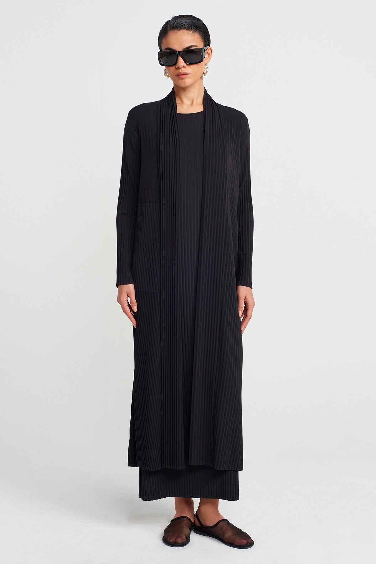 Black Long Pleated Jersey Cardigan-Y255015087