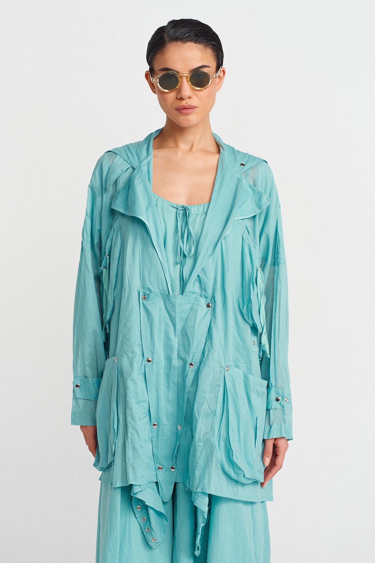 Turquoise Hooded Voile Jacket-Y255015091