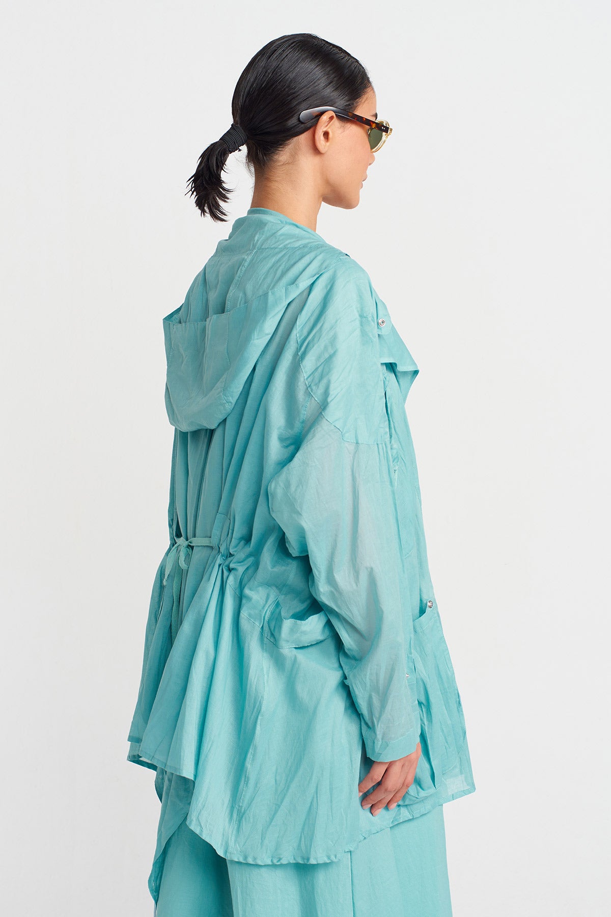 Turquoise Hooded Voile Jacket-Y255015091