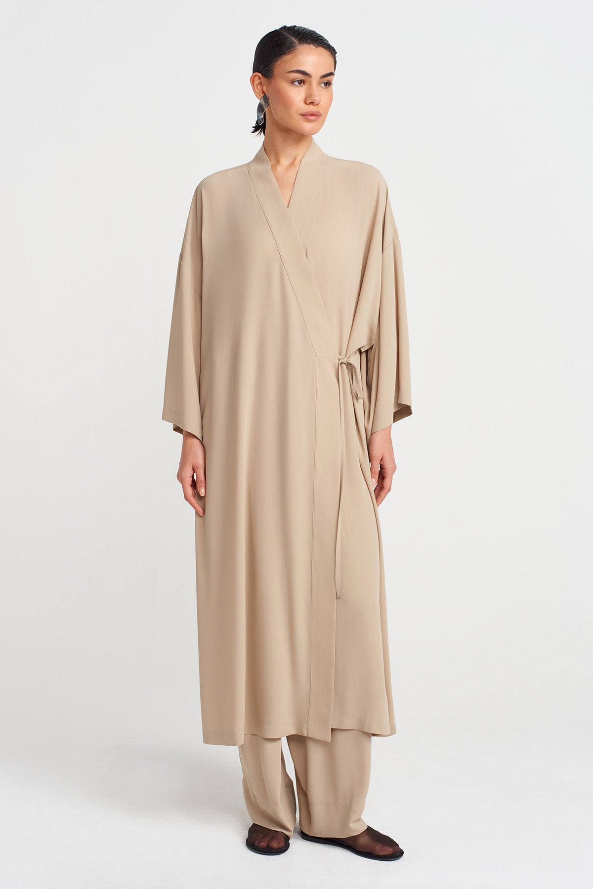 Kum Yandan Bağlanır Uzun Kimono-Y255015094
