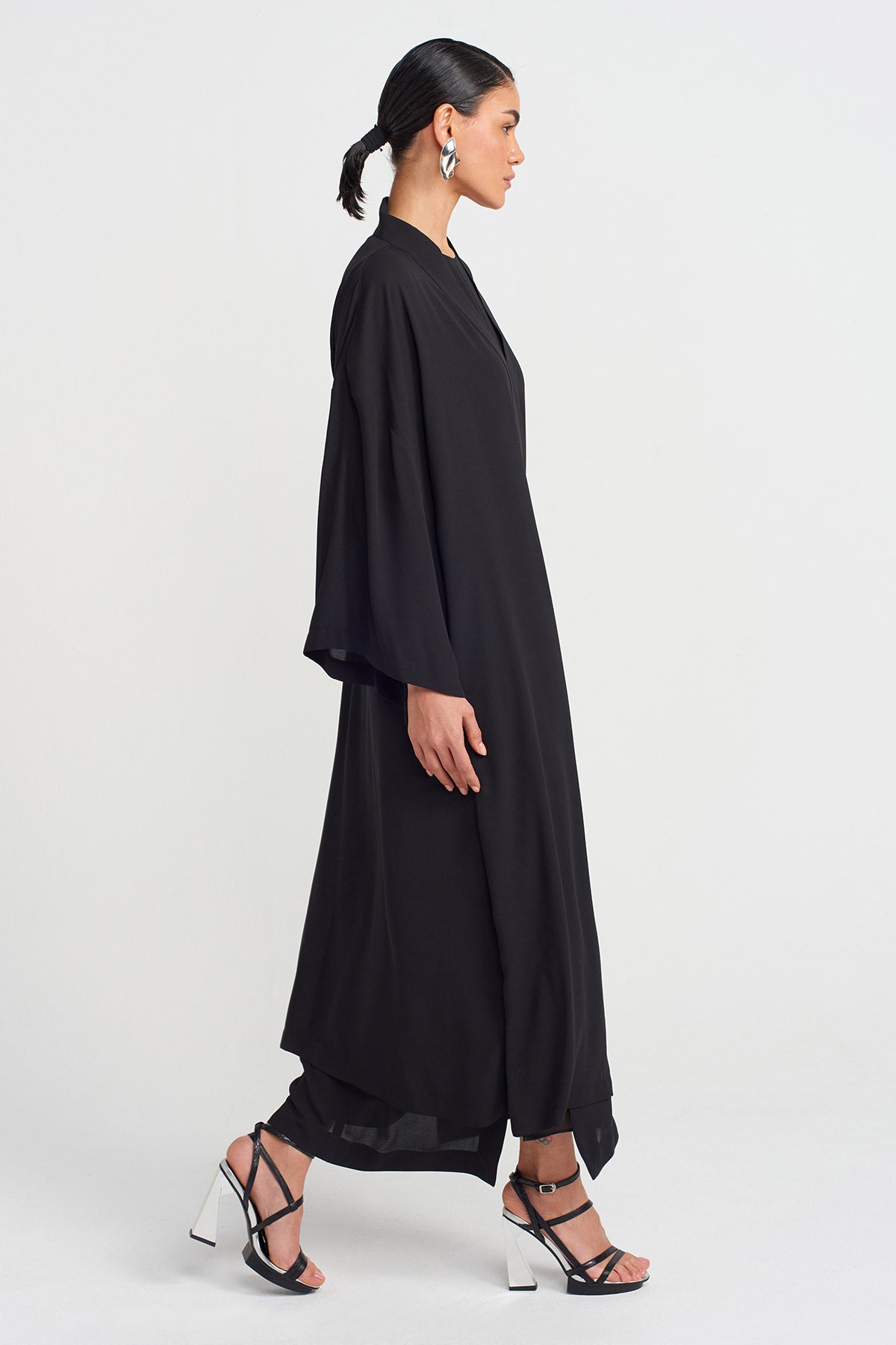 Siyah Yandan Bağlanır Uzun Kimono-Y255015094